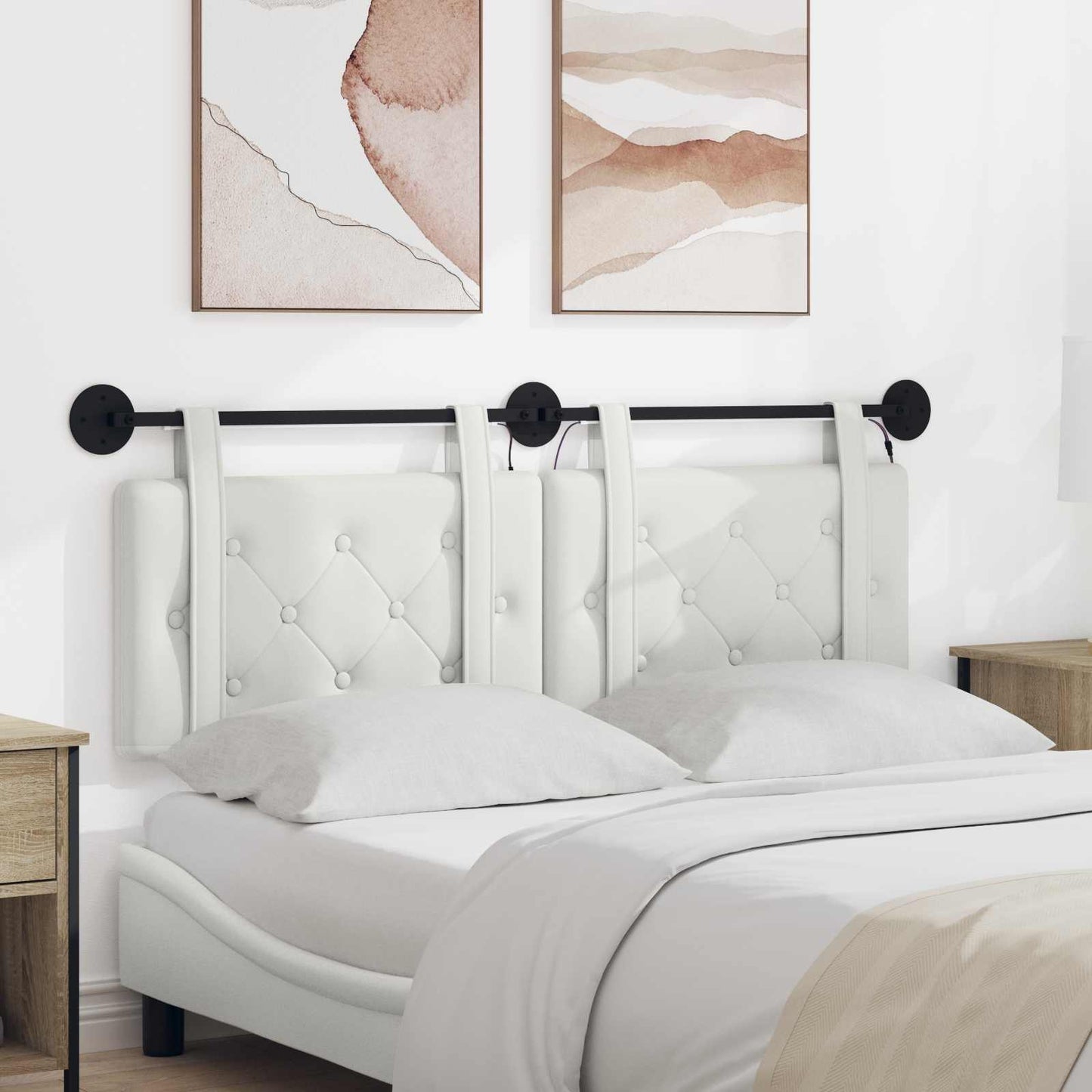 Függesztett ágyfej LED fényekkel Fehér Műbőr