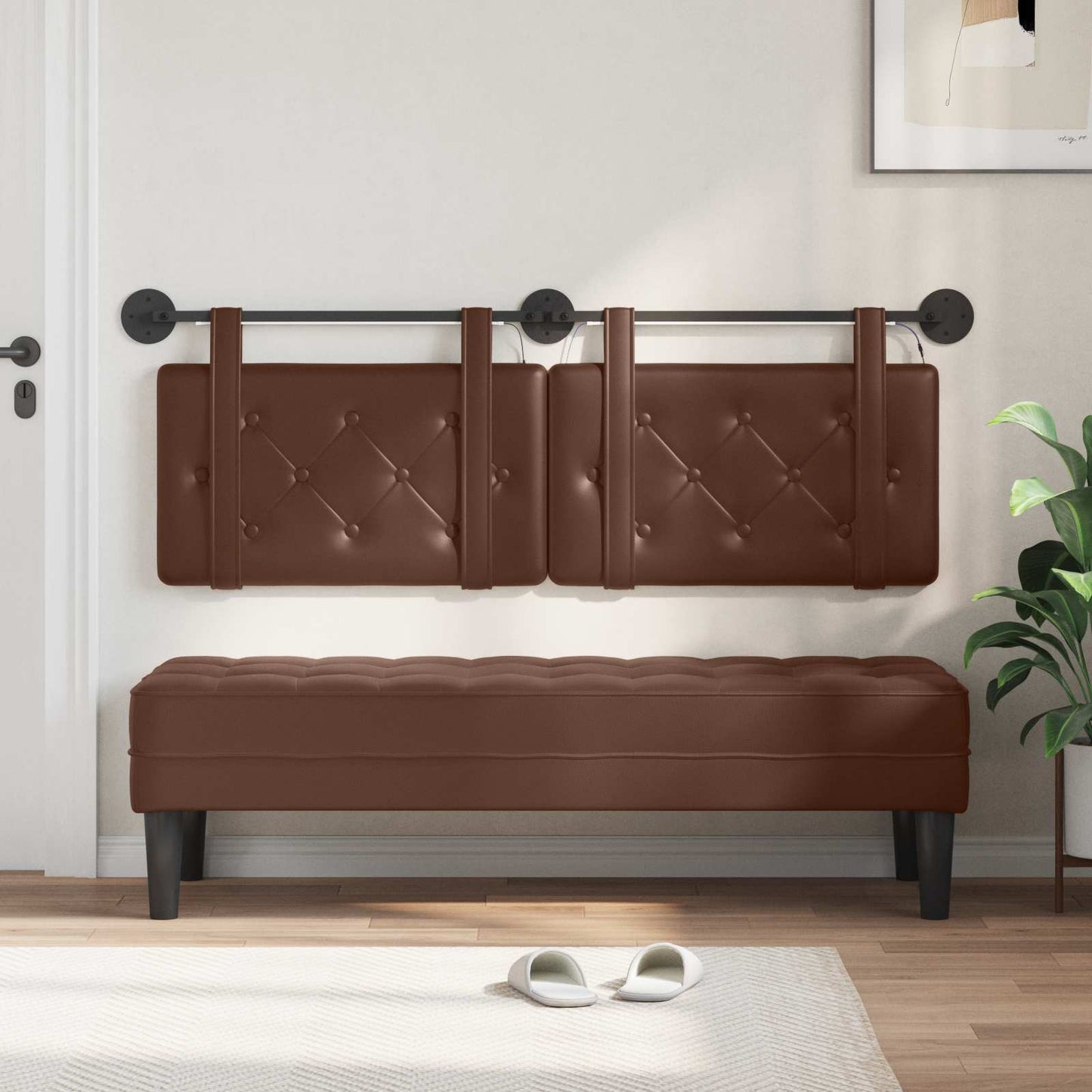 Függesztett ágyfej LED fényekkel Barna Műbőr