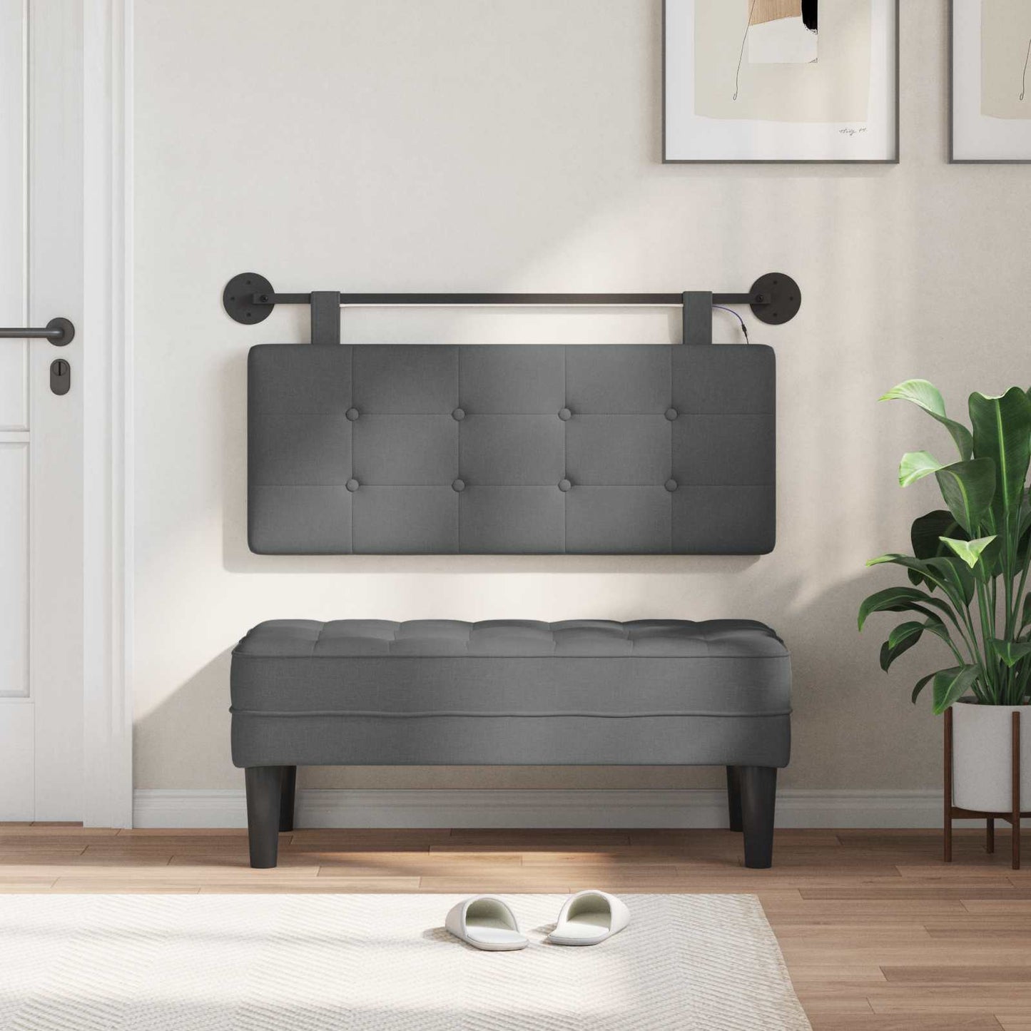 Függesztett ágyfej LED fényekkel Sötétszürke Szövet