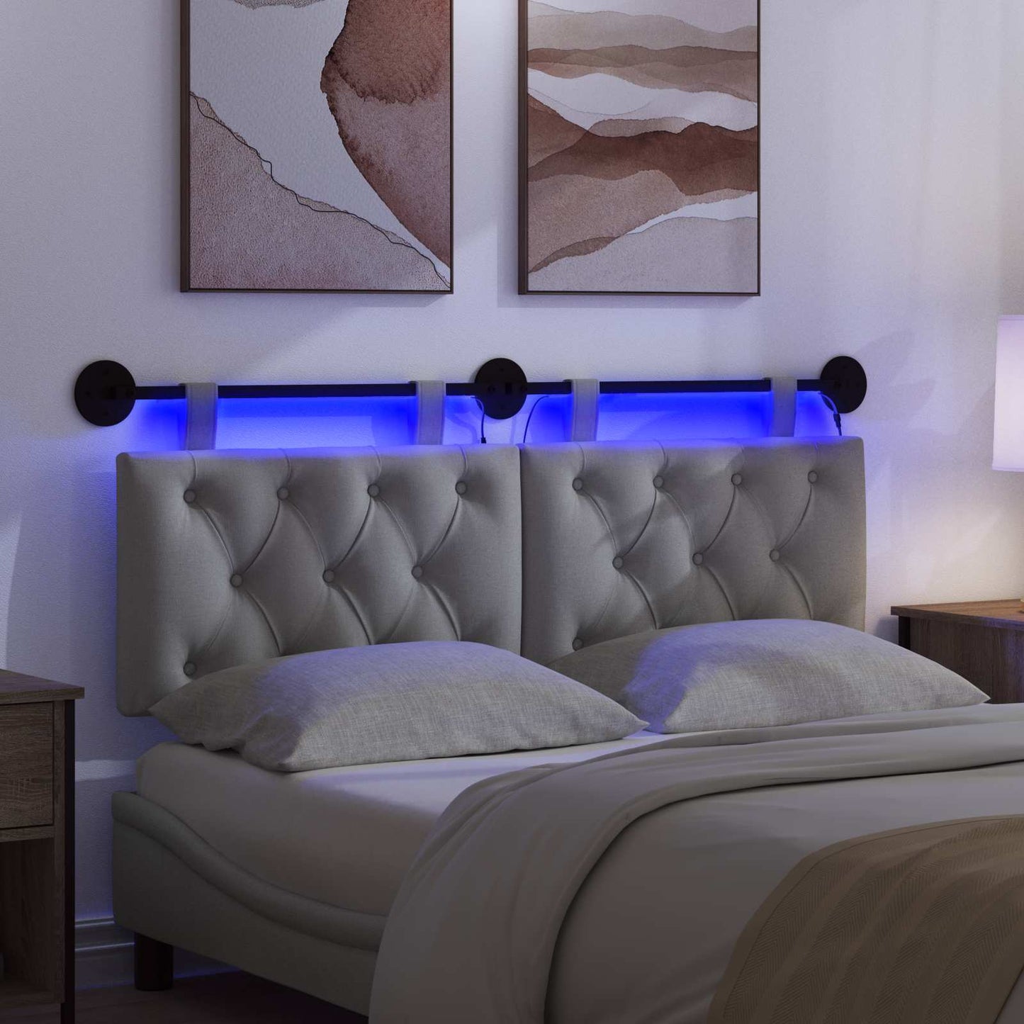 Függesztett ágyfej LED fényekkel Világosszürke Szövet