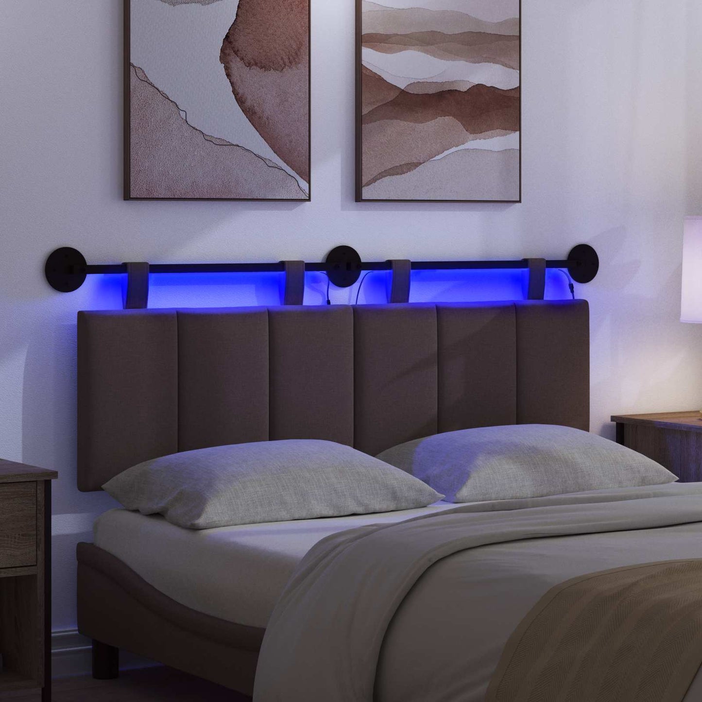 Függesztett ágyfej LED fényekkel Sötét Barna Szövet