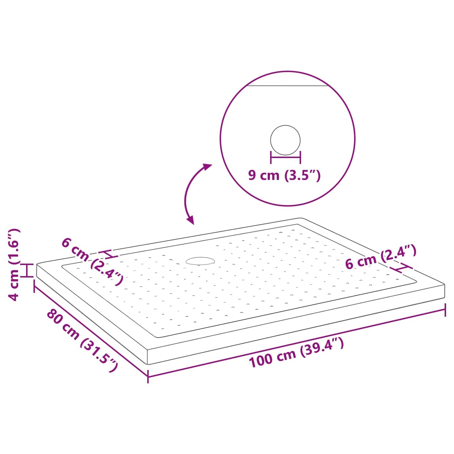Zuhany Alap Tálca Dots-szal 100 x 80 x 4 cm ABS Fekete