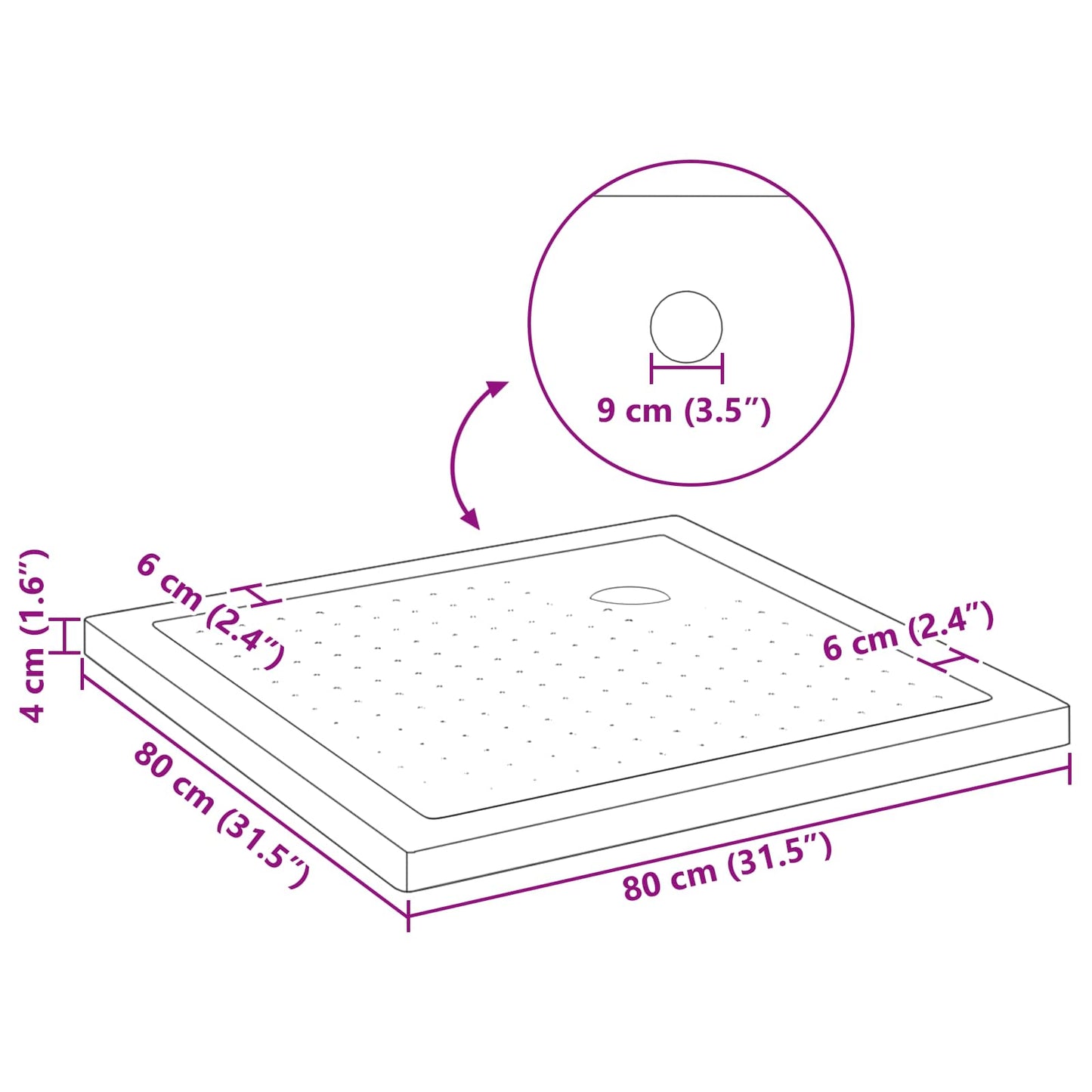 Zuhany Alap Tálca Dots-szal 80 x 80 x 4 cm ABS Fekete