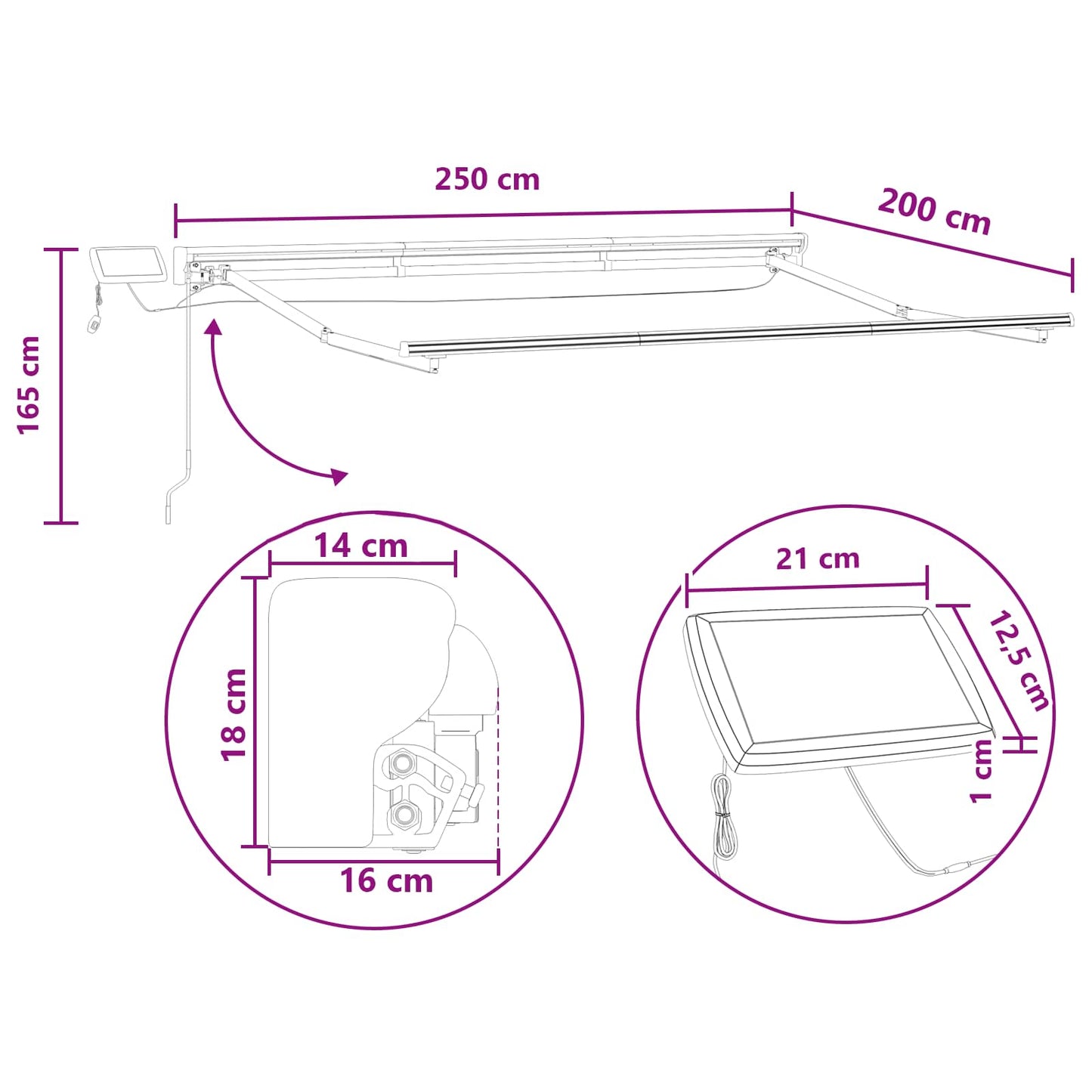 Kézi napellenző keret LED világítással Tópszínű 2,5 x 2 m