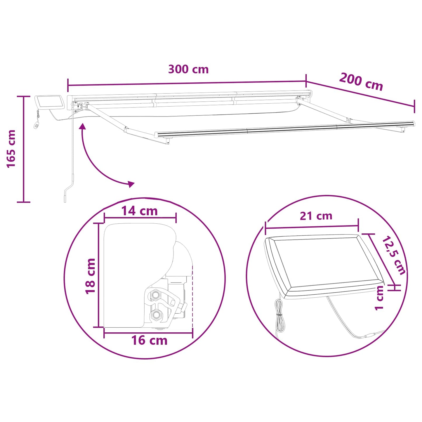 Kézi napellenző keret LED világítással Tópszínű 3 x 2 m