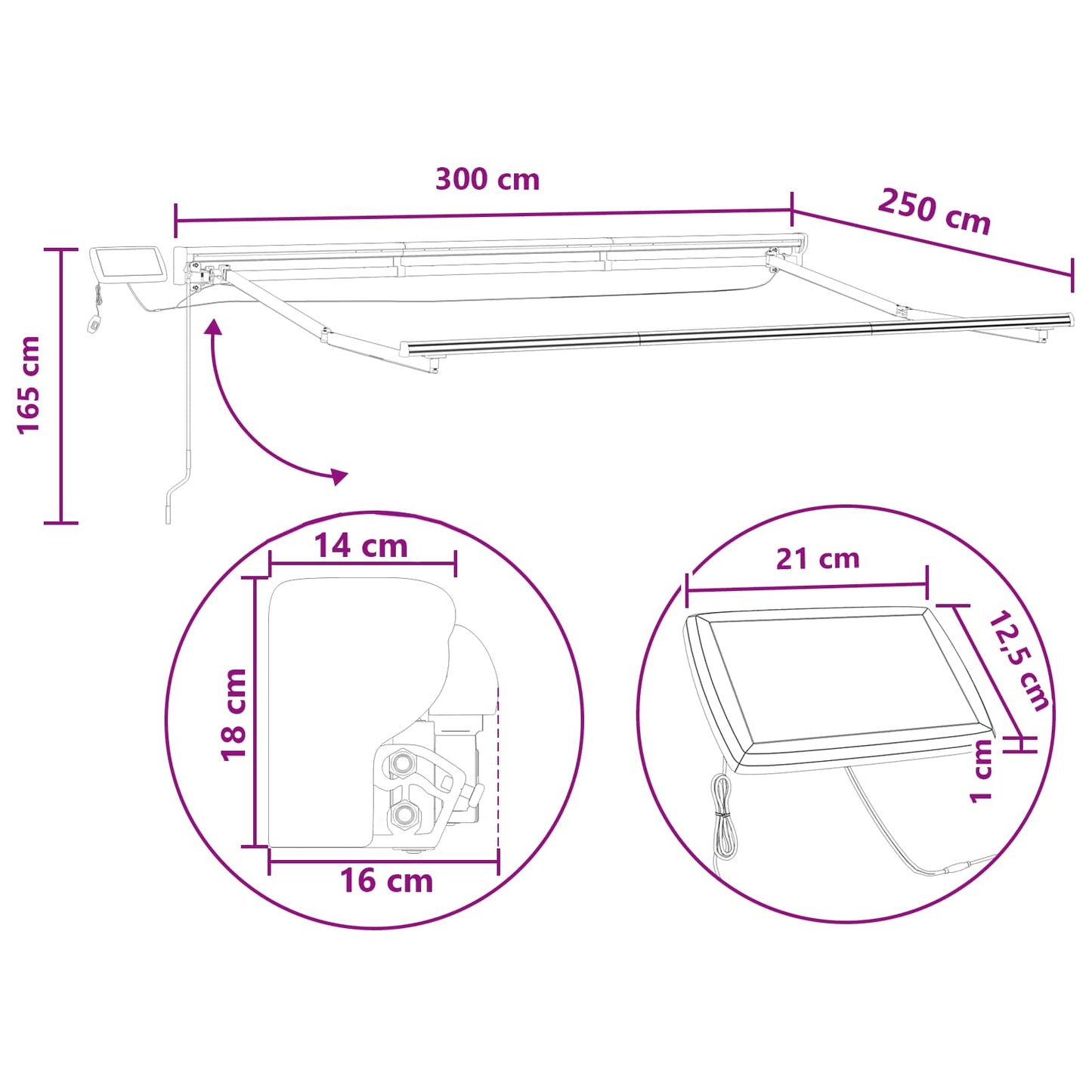 Kézi napellenző keret LED világítással Tópszínű 3 x 2,5 m