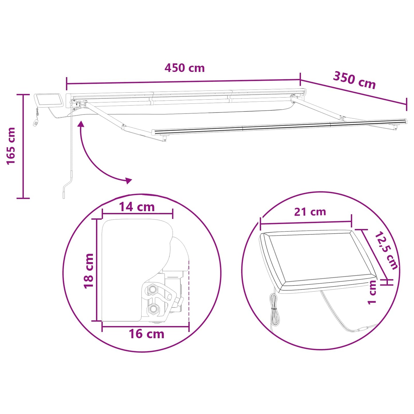 Kézi napellenző keret LED világítással Tópszínű 4,5 × 3,5 m
