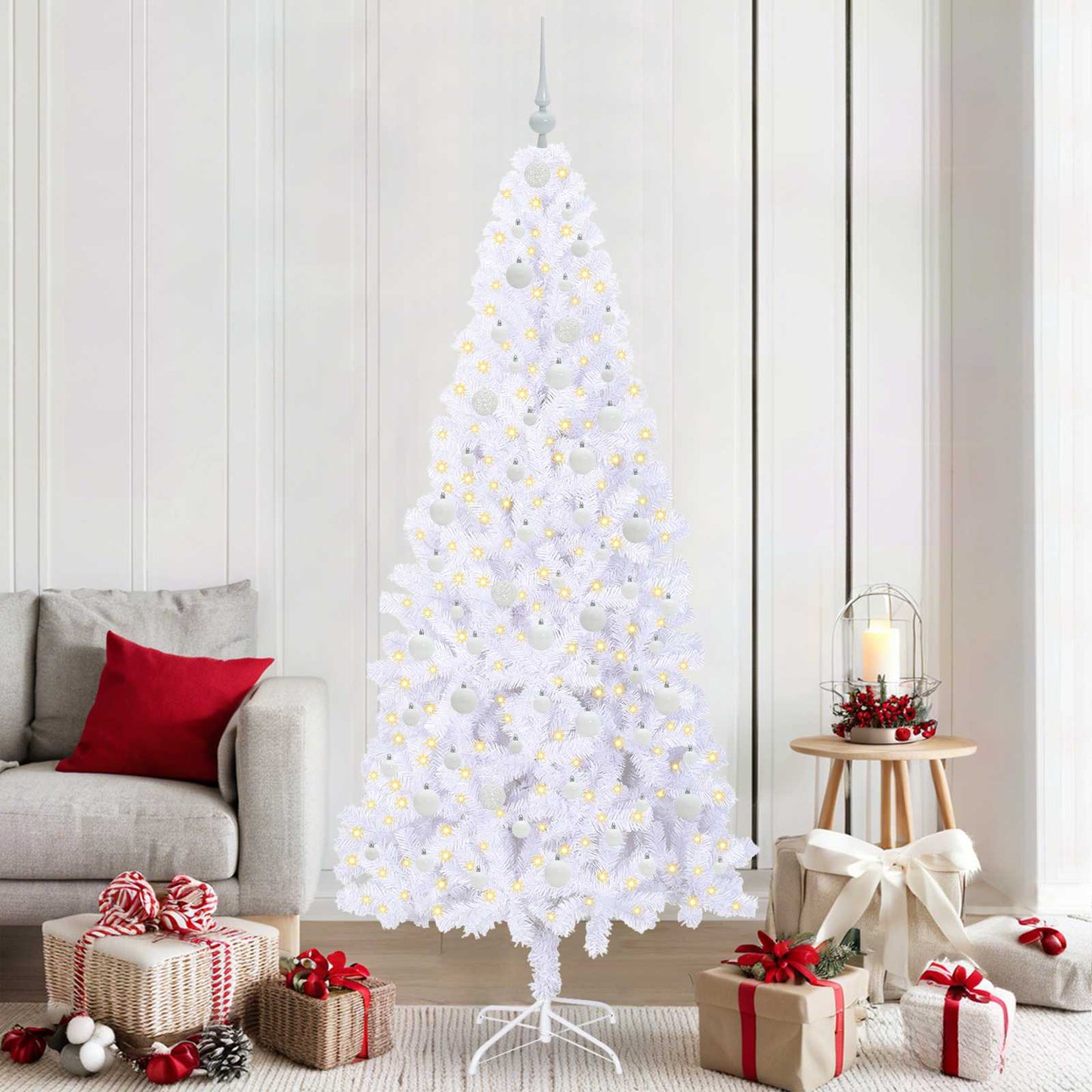 Mű karácsonyfa 300 LED-del állvánnyal Fehér 210 cm PVC és Acél