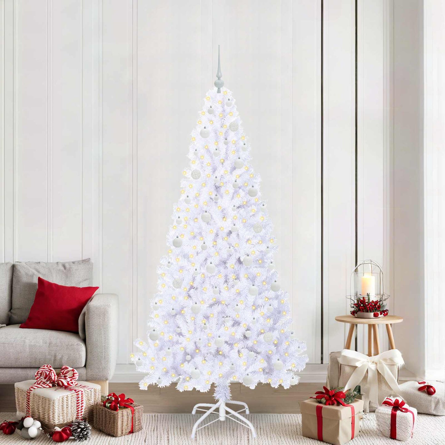 Mű karácsonyfa 300 LED-del állvánnyal Fehér 210 cm PVC és Acél