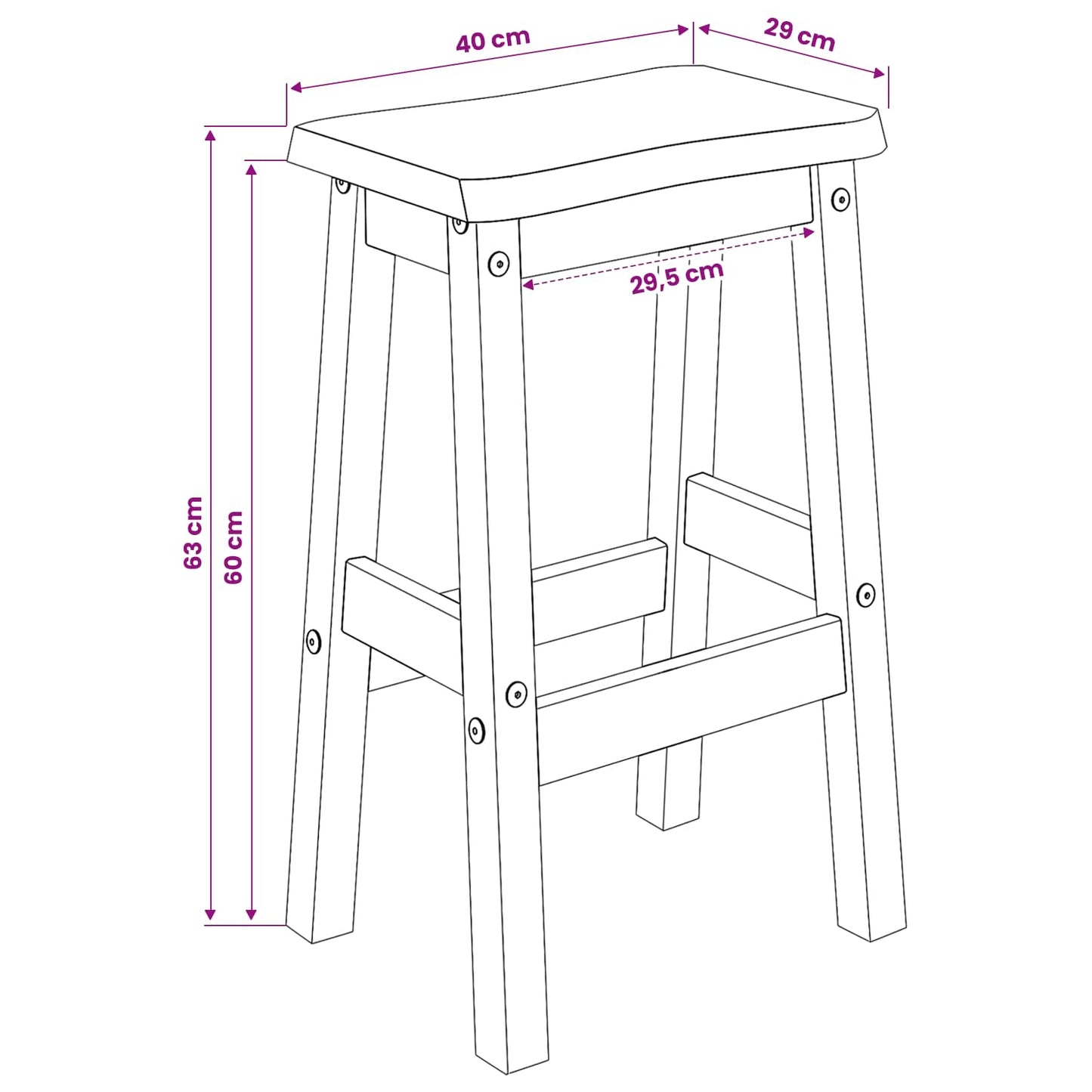 Magas Bárszék EKAI 2 pcs Fekete 40 x 29 x 63 cm Tömör Fenyőfa