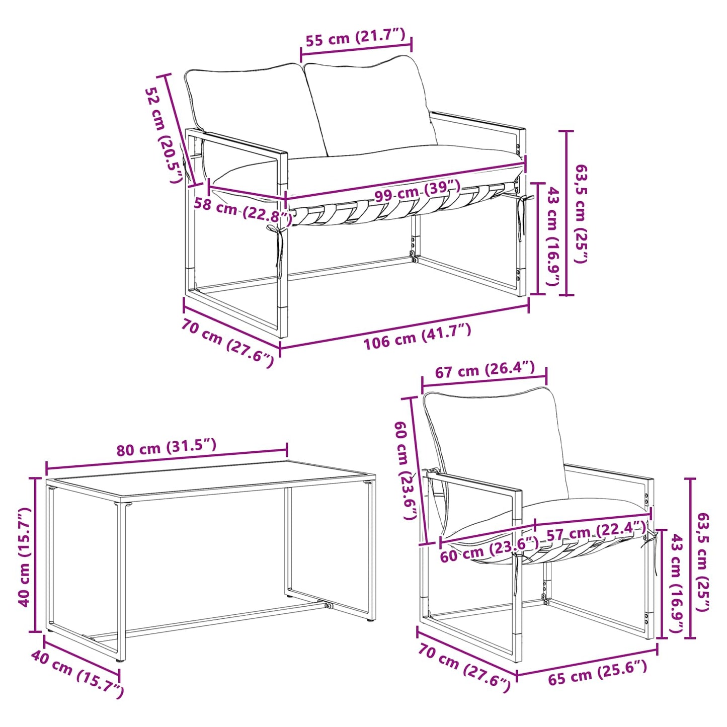 Kerti Kanapé Szett 4 pcs Fekete és Antracit Acél
