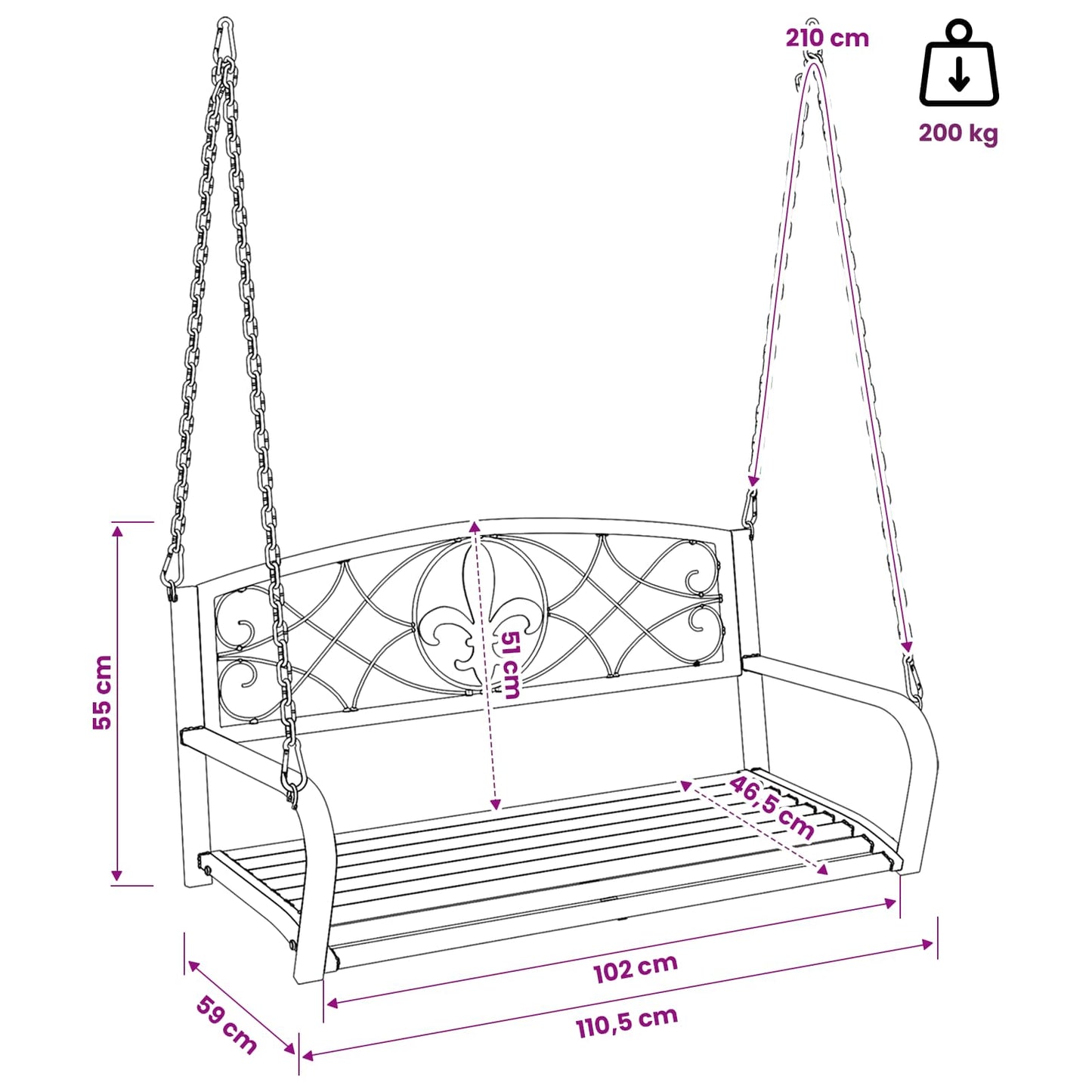 Hinta Pad Acél 110,5 x 59 x 55 cm Antik fehér