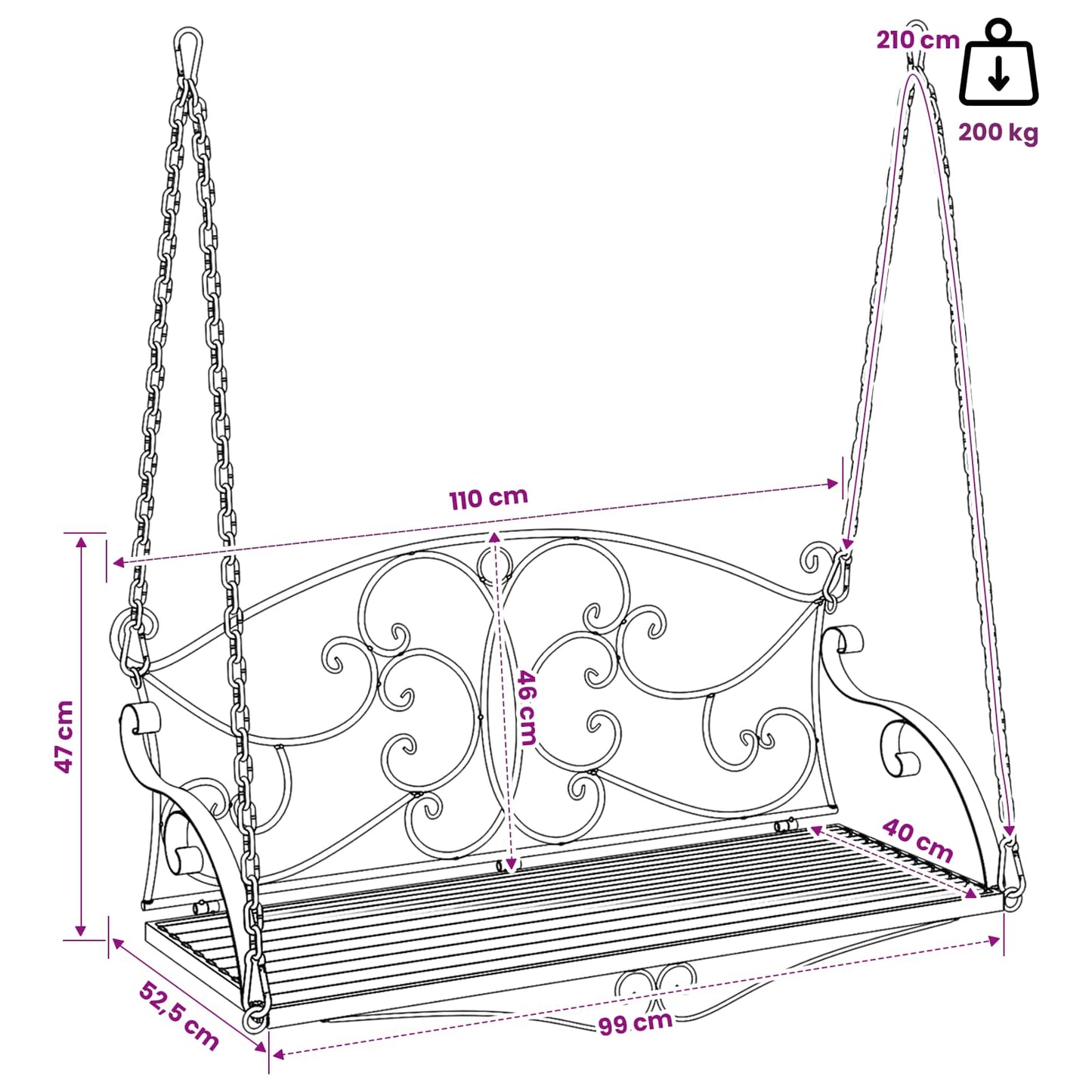 Hinta Pad Acél 110 x 52,5 x 47 cm Antik fehér