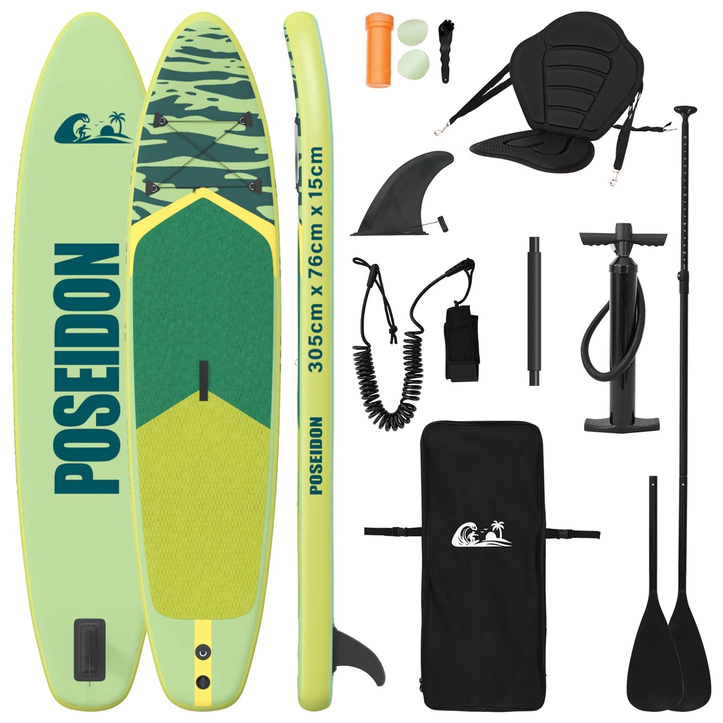 SUP tábla ülőhellyel 2 az 1-ben POSEIDON 305 x 76 x 15 cm Zöld