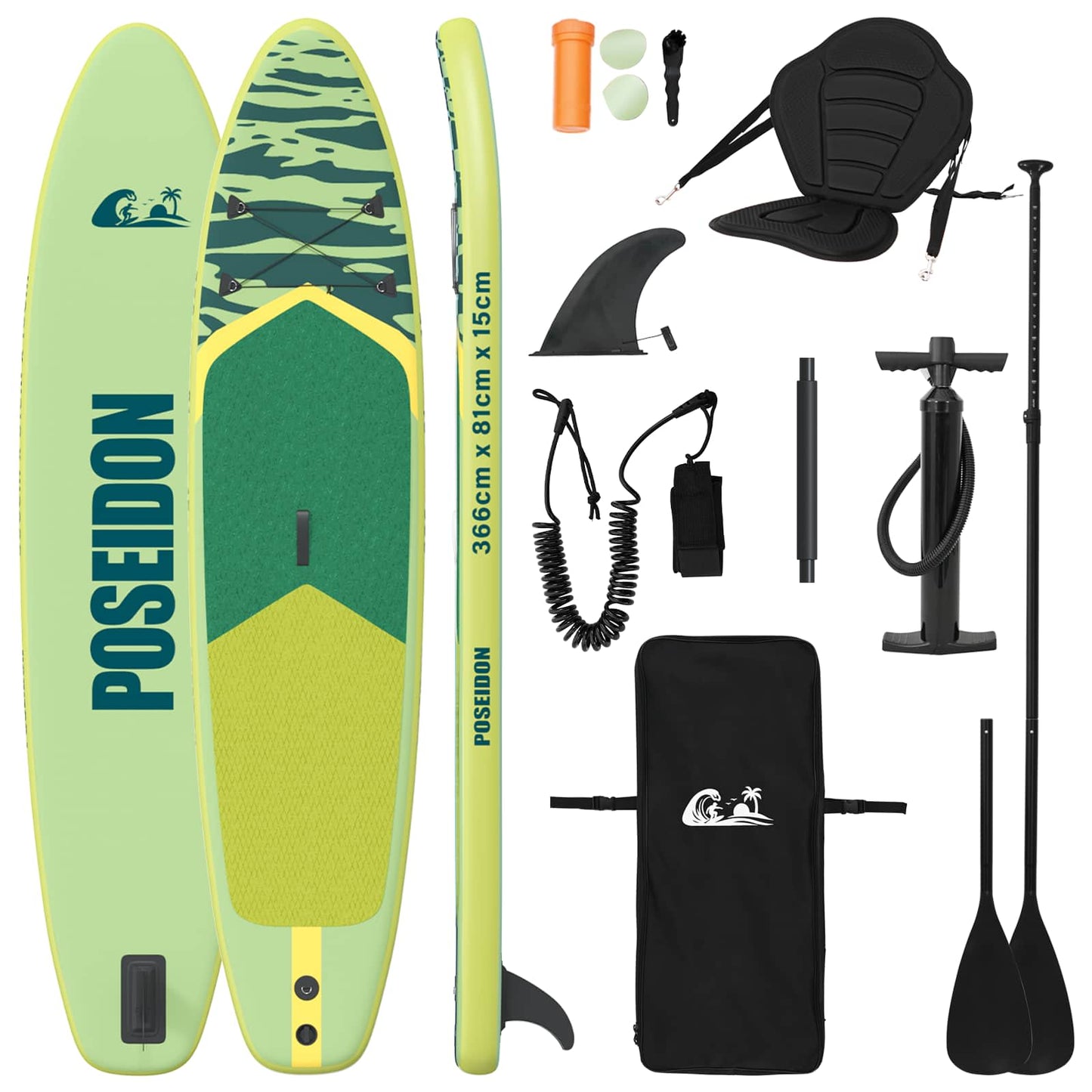 SUP tábla ülőhellyel 2 az 1-ben POSEIDON 366 x 81 x 15 cm Zöld