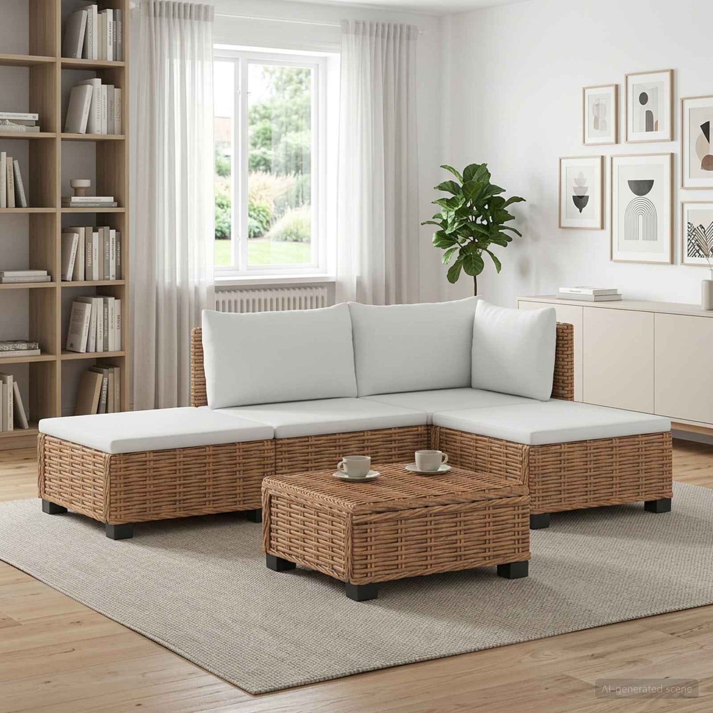4 db Rattan Kerti Bútor Készlet Párnákkal GENDT Természetes
