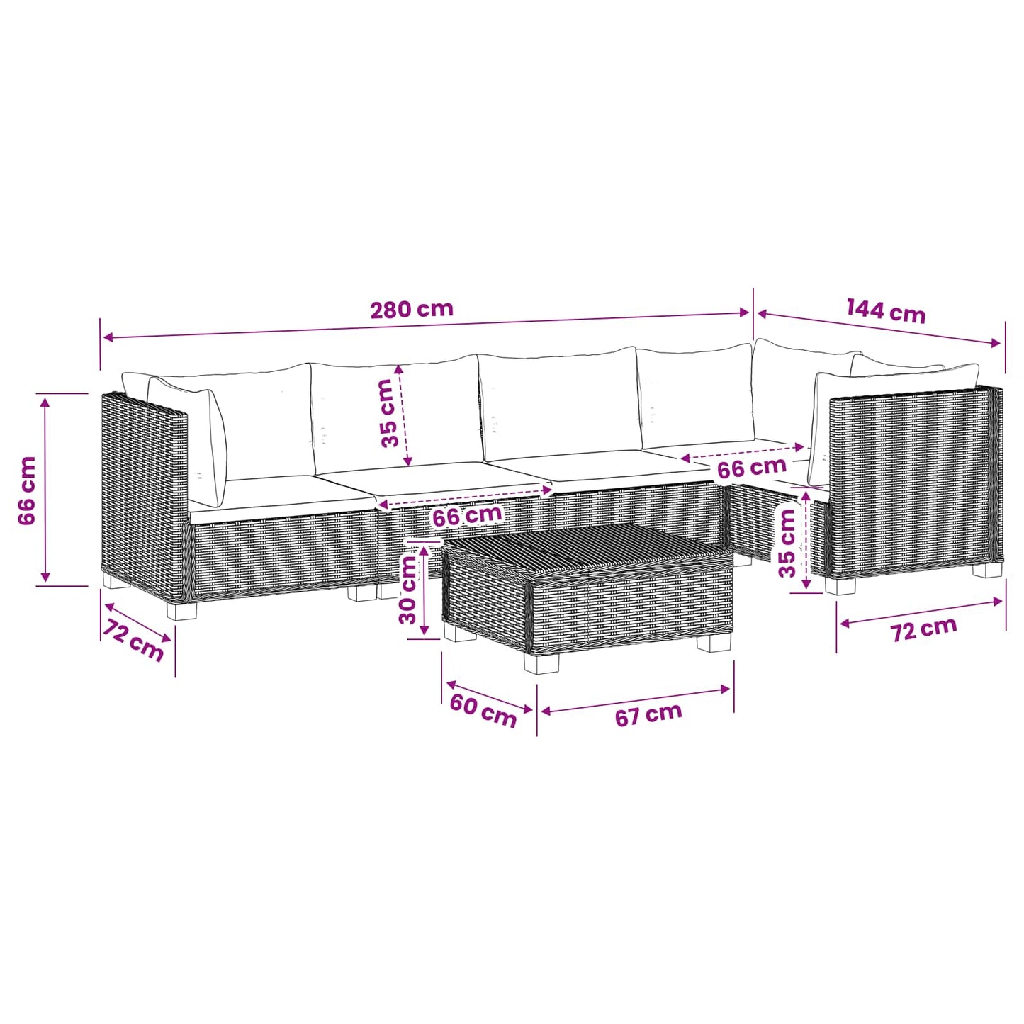 6 db Rattan Lounge Szett Párnákkal GENDT Természetes Rátta