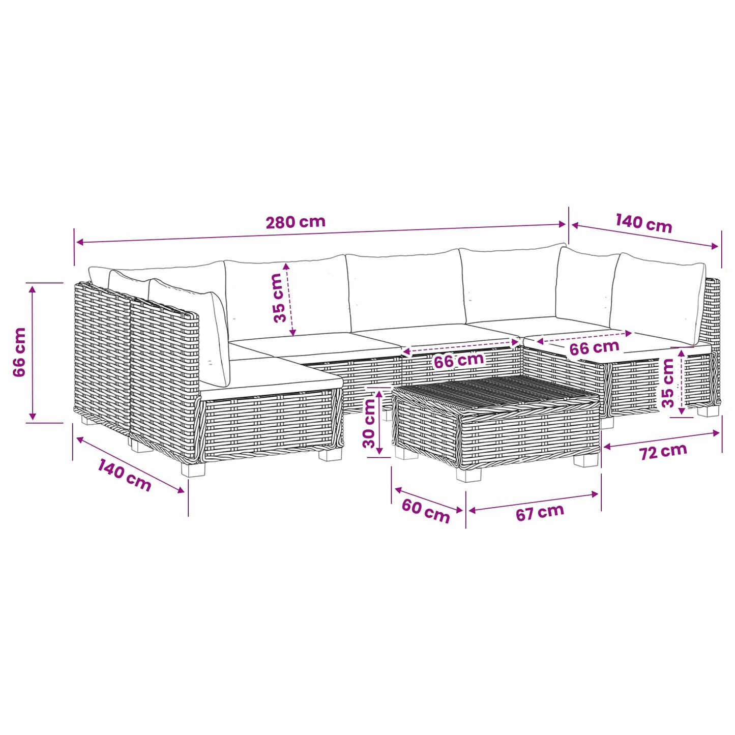7 db Rattan Lounge Szett Párnákkal GENDT Természetes Rátta