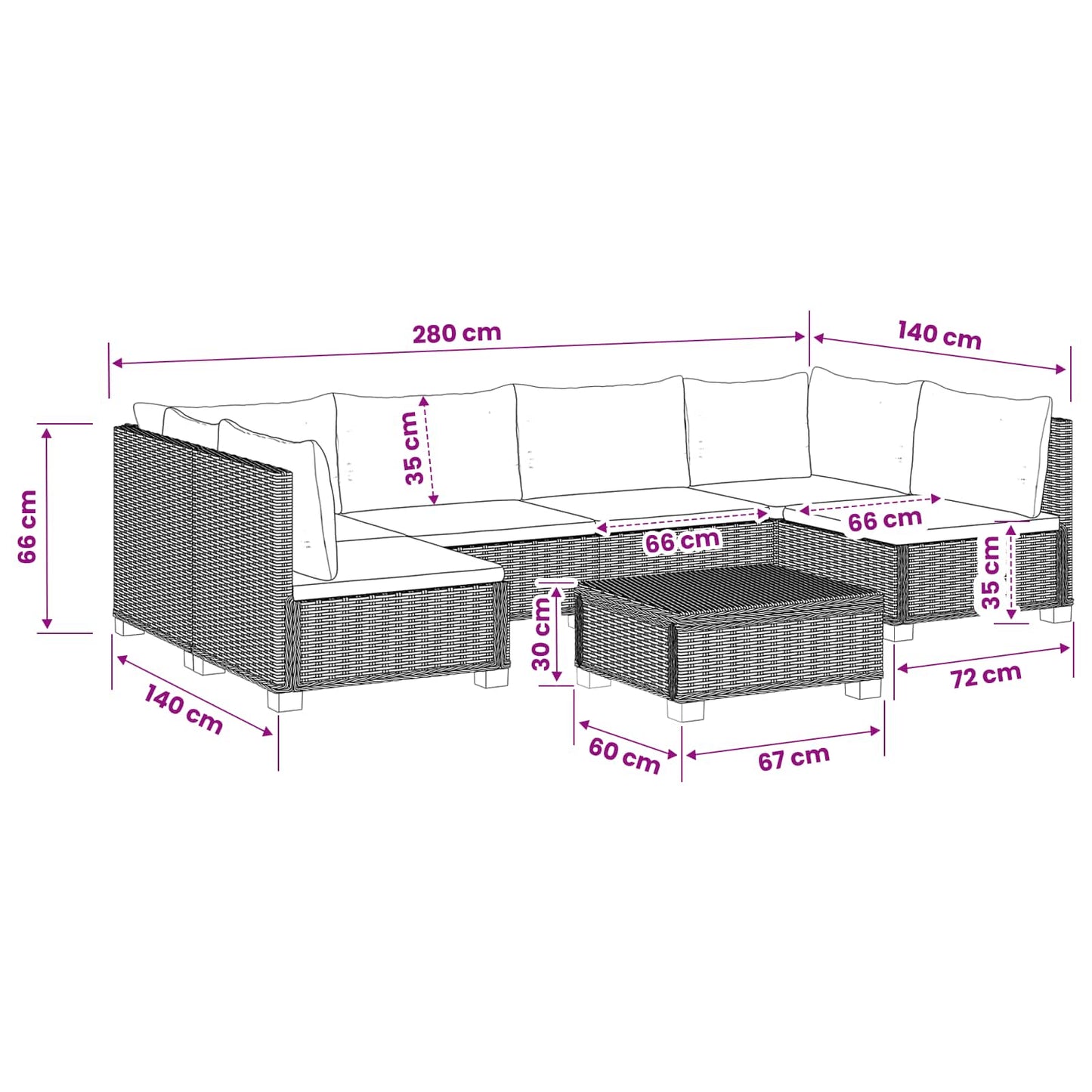 7 db Rattan Lounge Szett Párnákkal GENDT Természetes Rátta
