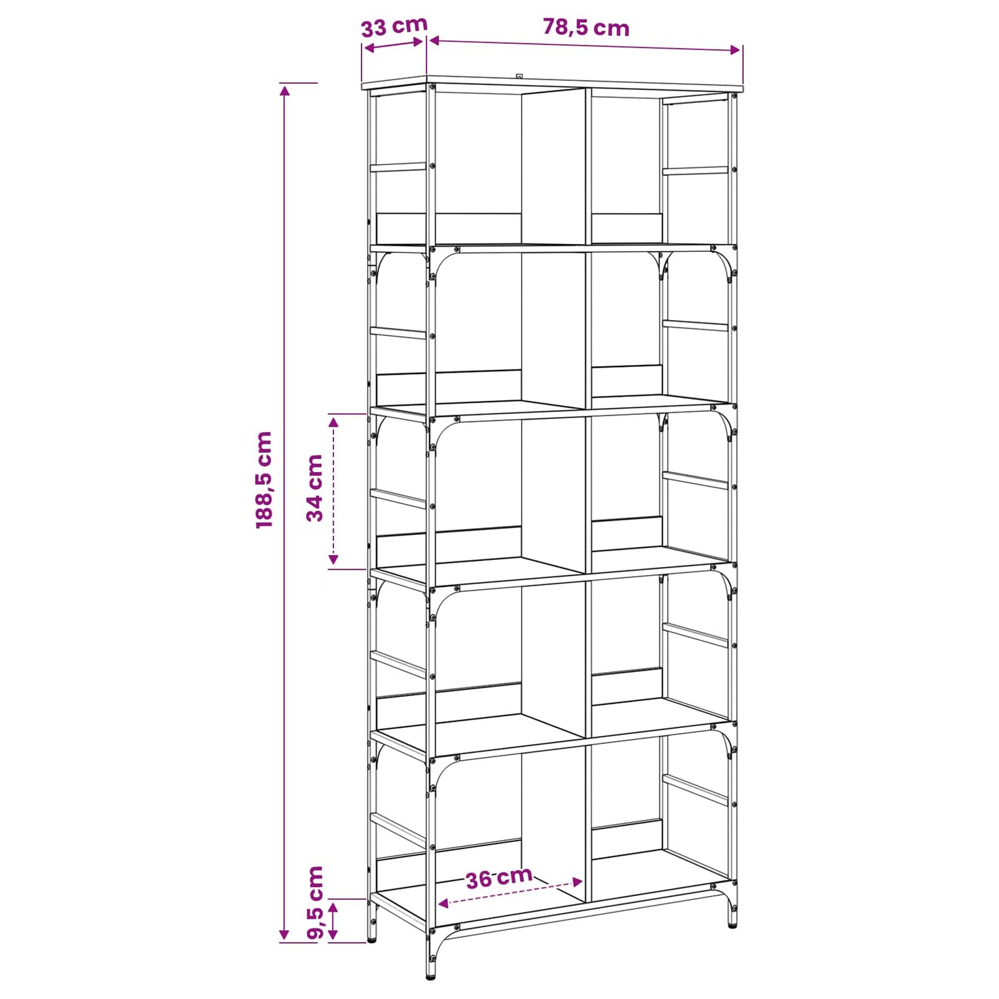 Könyvespolc 4 szintes 78,5 x 33 x 188,5 cm fém PB Antik fa