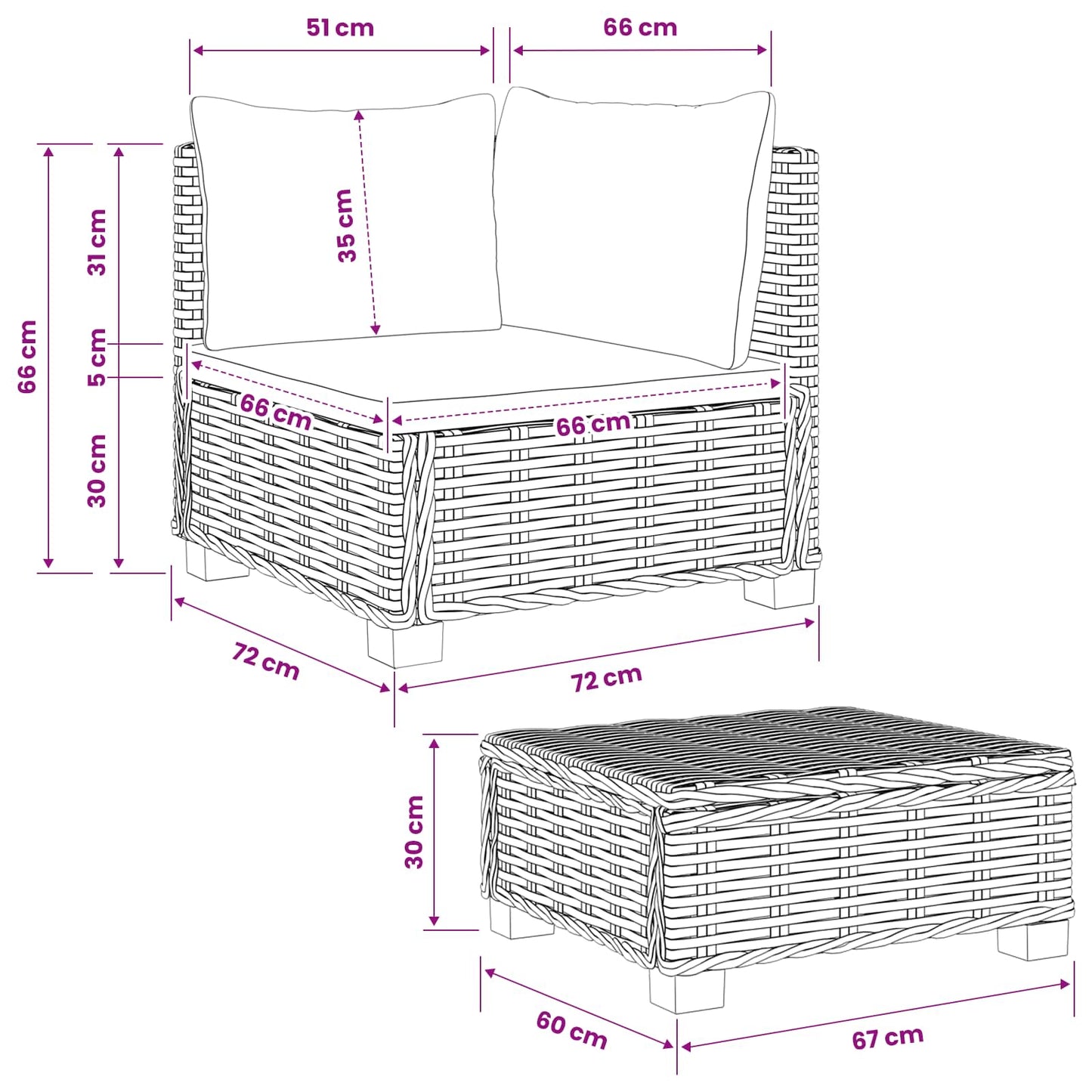 2 db Rattan Lounge Szett Párnákkal GENDT Természetes Rátta