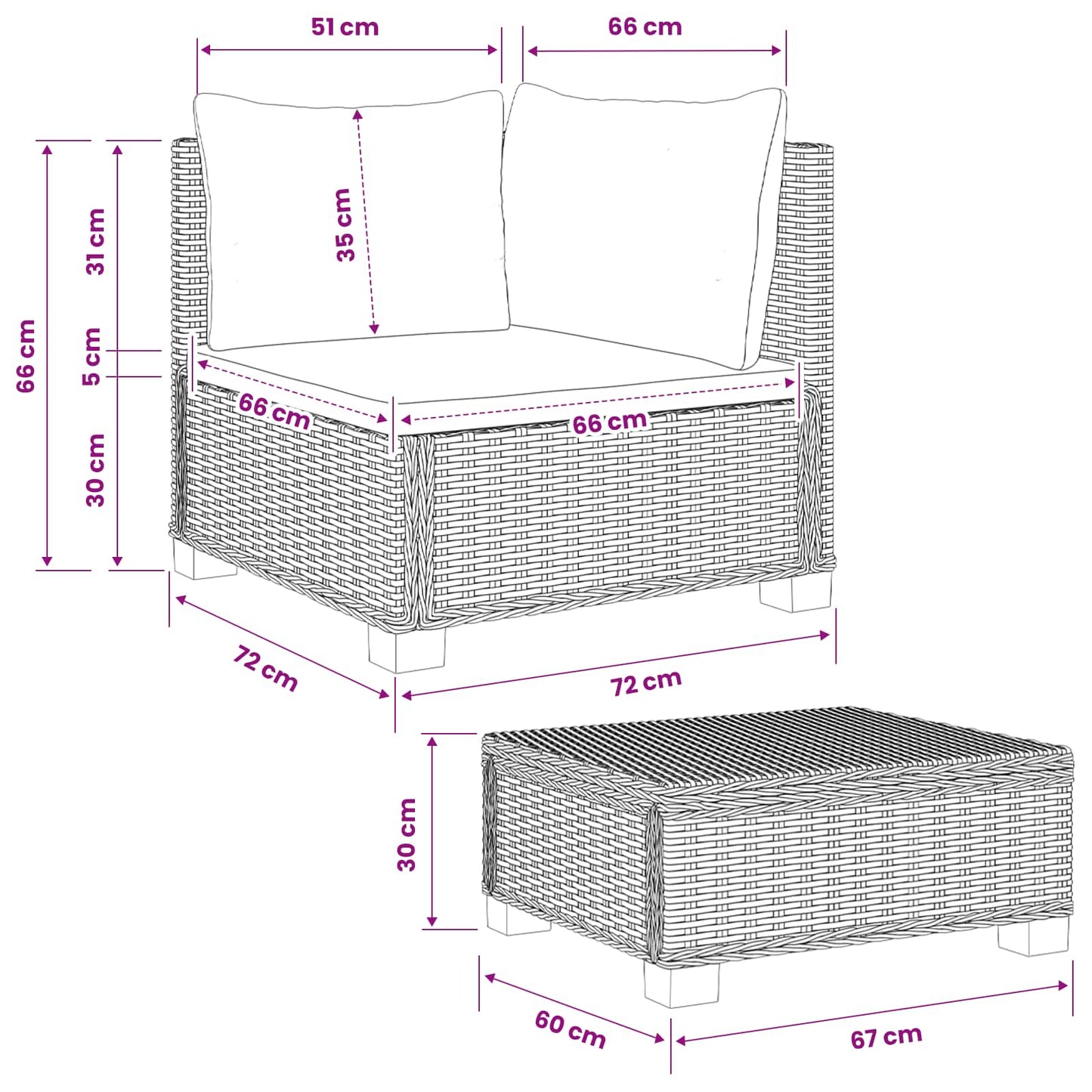 2 db Rattan Lounge Szett Párnákkal GENDT Természetes Rátta