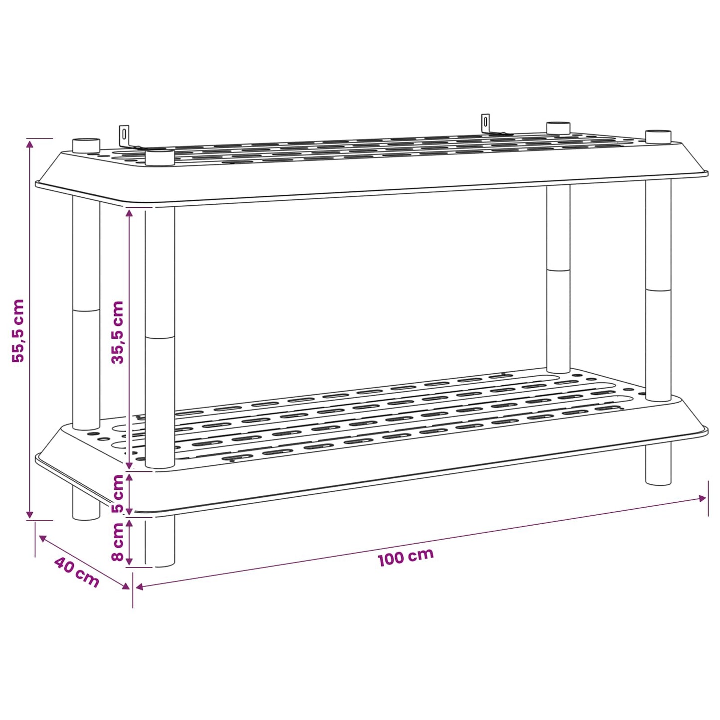 Polc egység 2 szint 100 x 40 x 55,5 cm PP Világosszürke