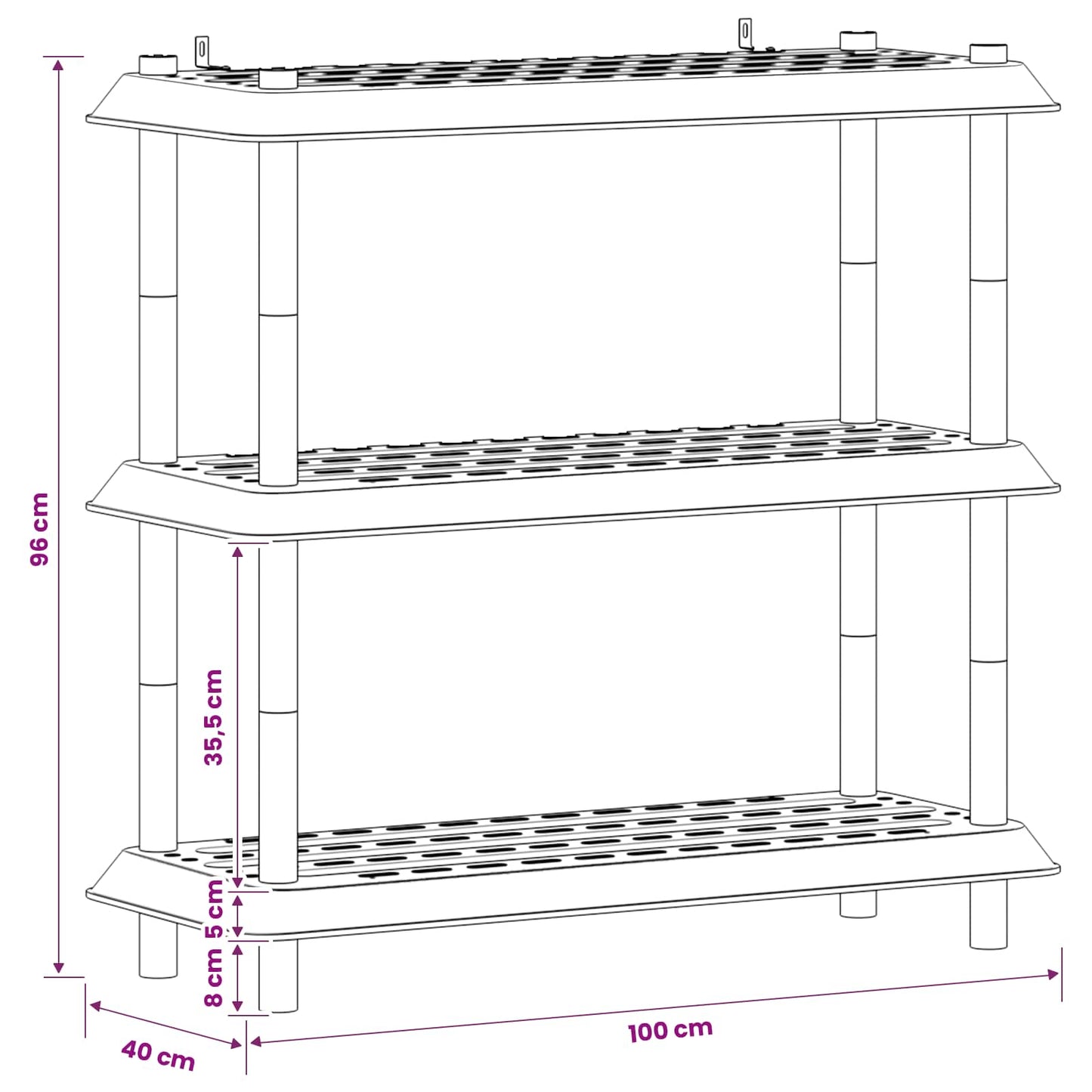 Polc egység 3 szint 100 x 40 x 96 cm PP Világosszürke