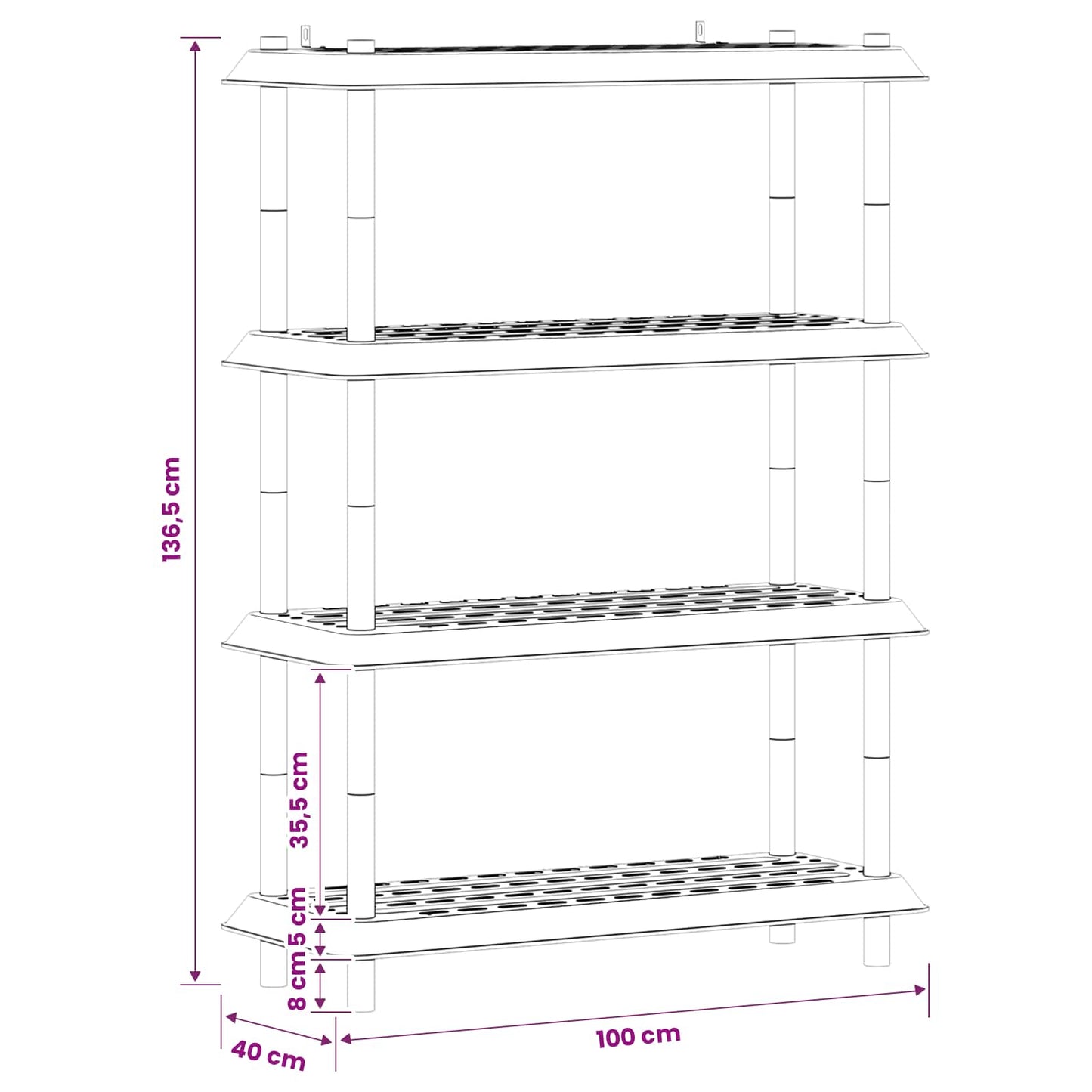 Polc egység 4 szint 100 x 40 x 136,5 cm PP Világosszürke