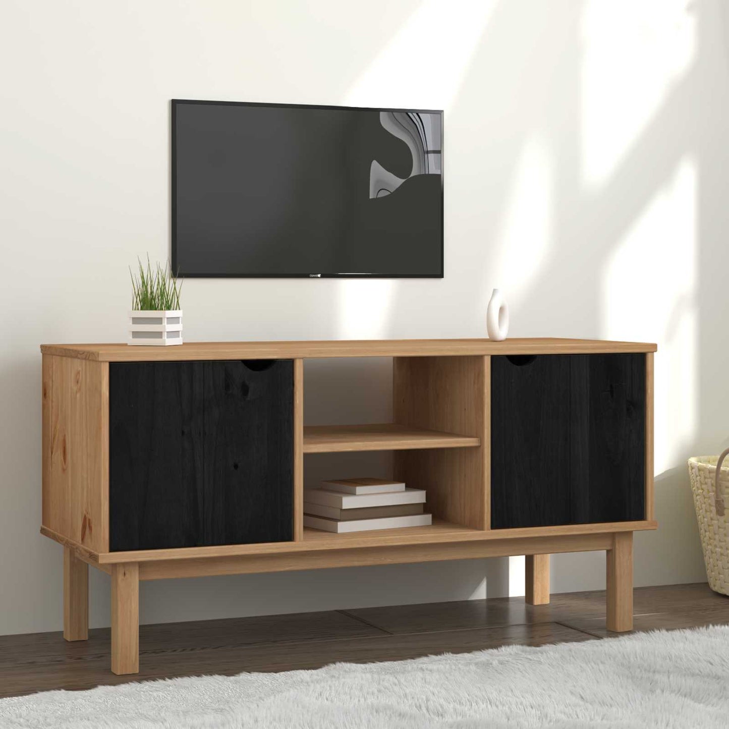 TV állvány OTTA 113,5 x 43 x 57 cm Fekete Tömör Fenyőfa