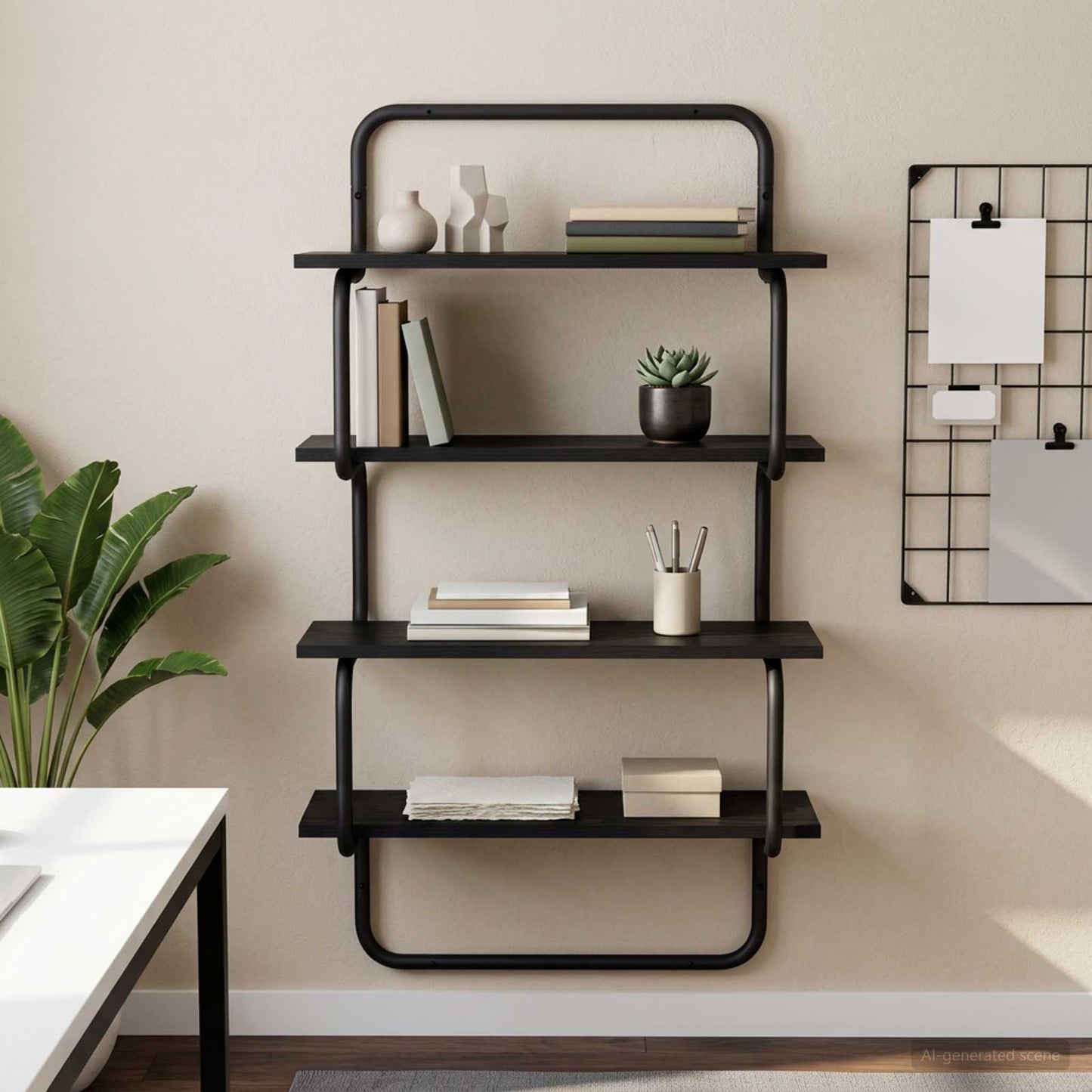 4-Tier Fali Polc Fekete Tölgy 60 x 24,5 x 104 cm Szerelt Fa