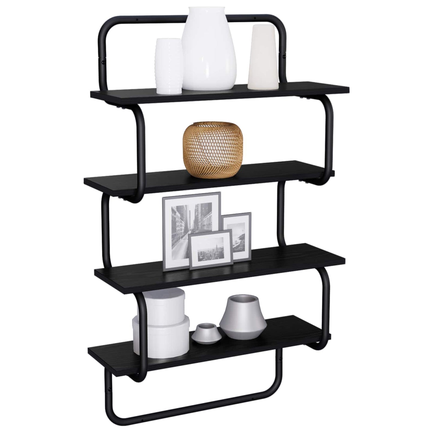 4-Tier Fali Polc Fekete Tölgy 60 x 24,5 x 104 cm Szerelt Fa