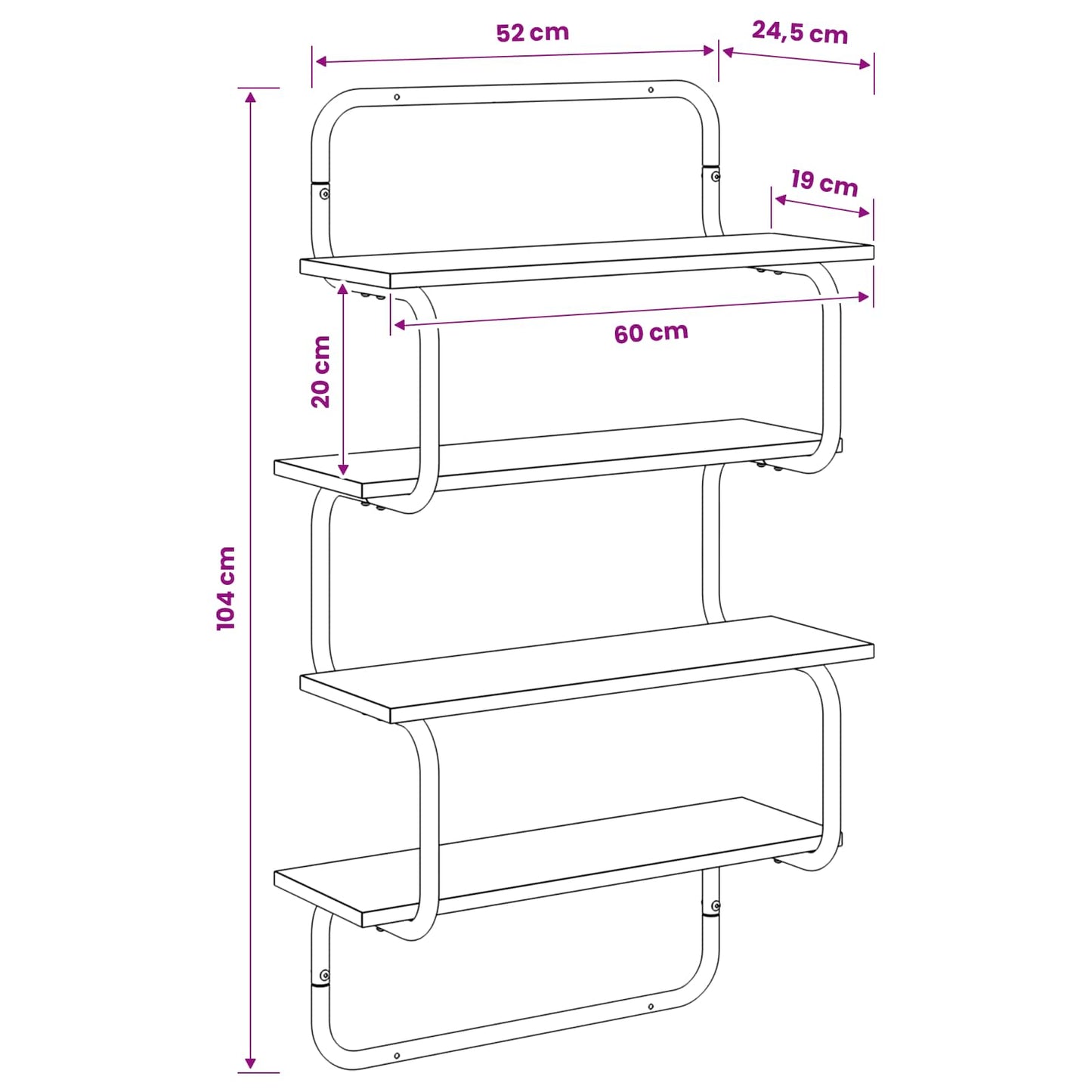 4-Tier Fali Polc Fekete Tölgy 60 x 24,5 x 104 cm Szerelt Fa