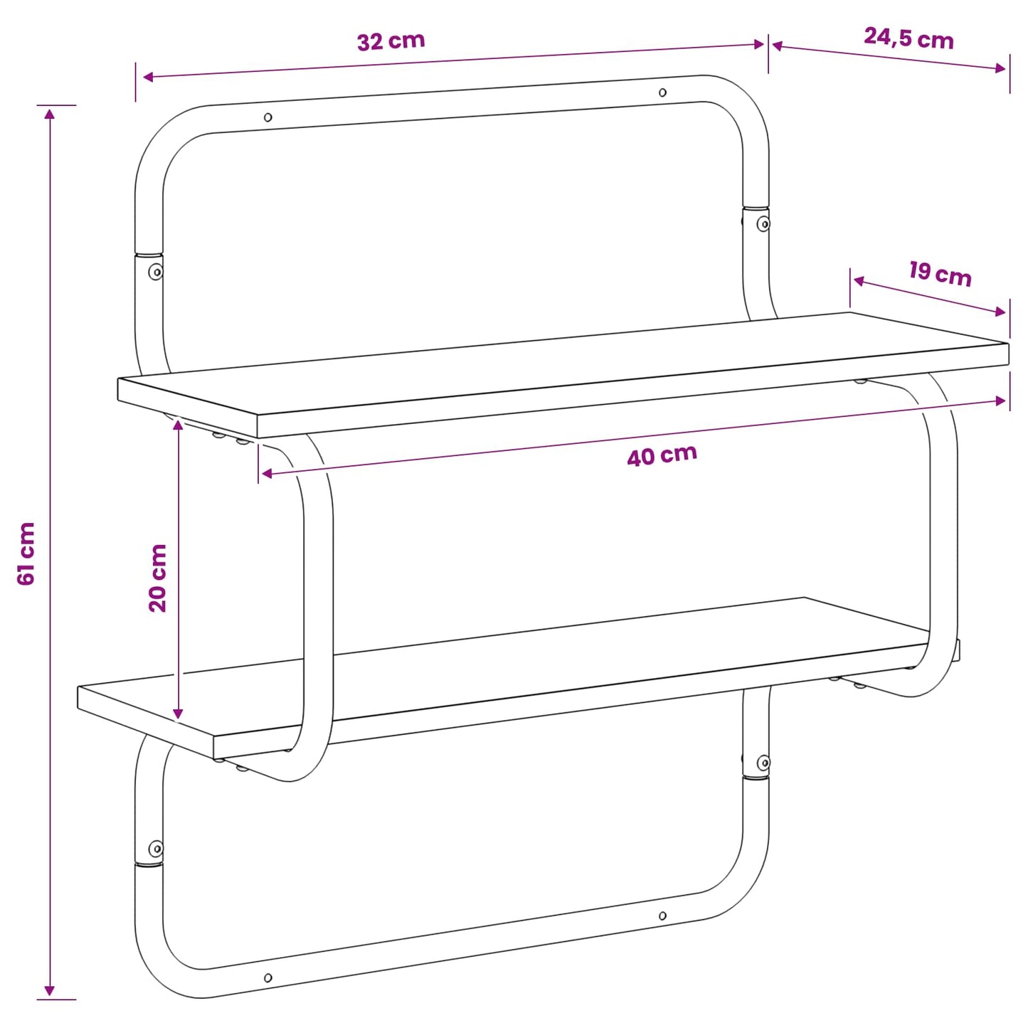 2 szintes fali polc Füstös Tölgy 40 x 24,5 x 61 cm Szerelt Fa