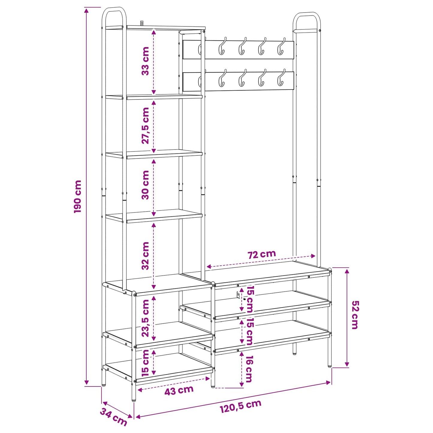 Kabátállvány cipőpaddal Antik Fa 120,5 x 34 x 190 cm Szerelt Fa