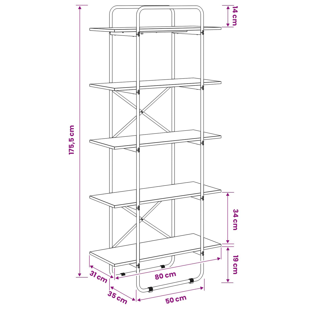 Könyvespolc 5 szintes 80 x 35 x 175,5 cm PB Szürke Sonoma