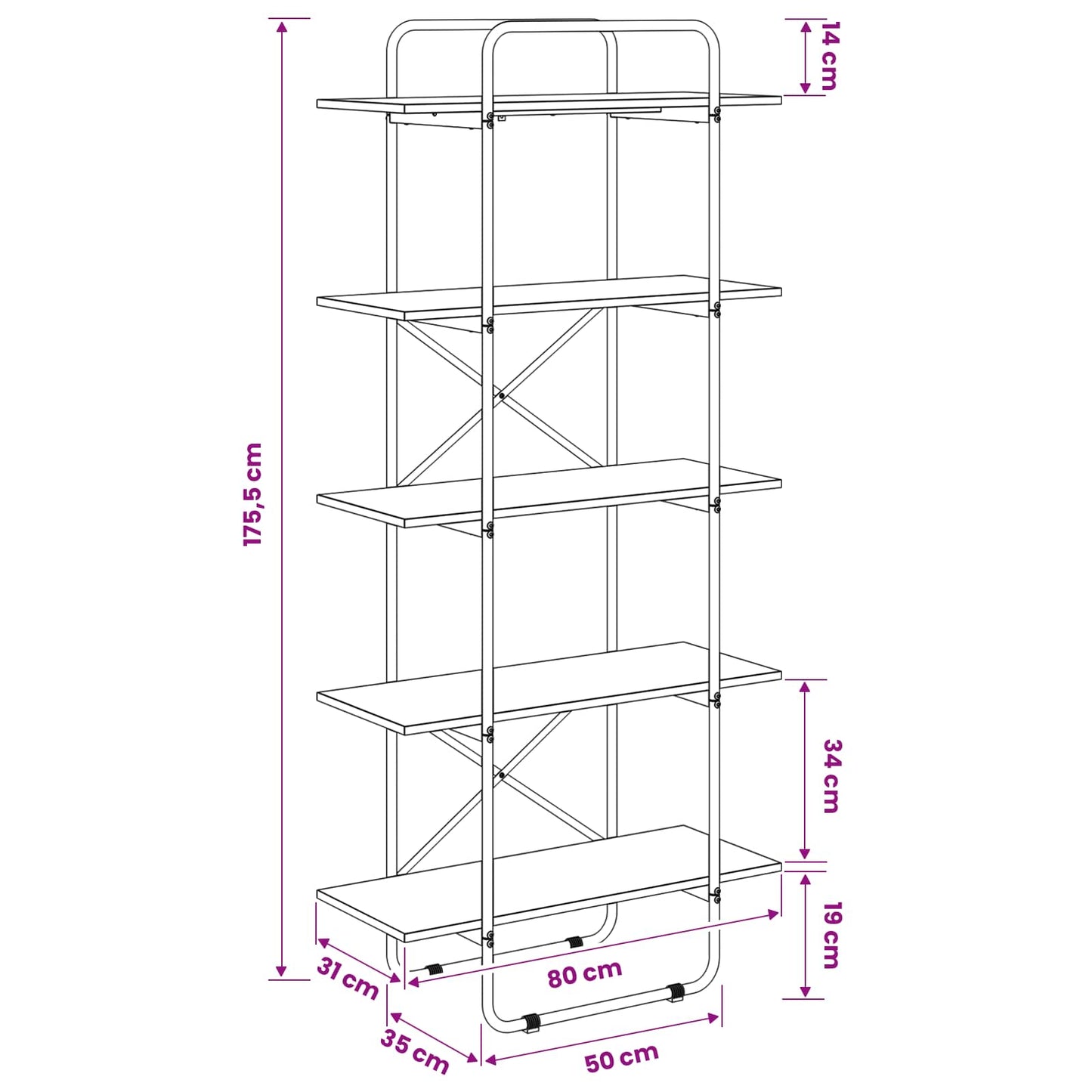 Könyvespolc 5 szintes 80 x 35 x 175,5 cm PB Tölgyfa