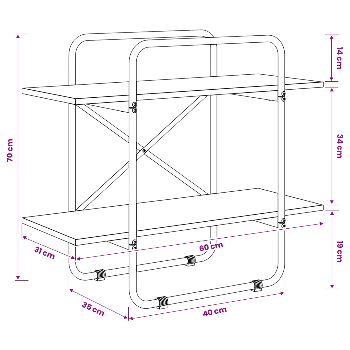 Könyvespolc 2 szintes 60 x 35 x 70 cm PB Fekete Tölgy