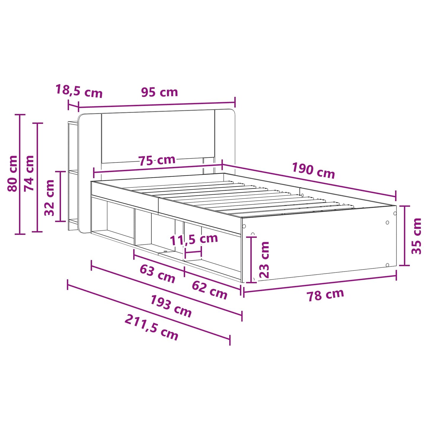 Ágykeret tárolóval Betonszürke 75 x 190 cm Szerelt Fa