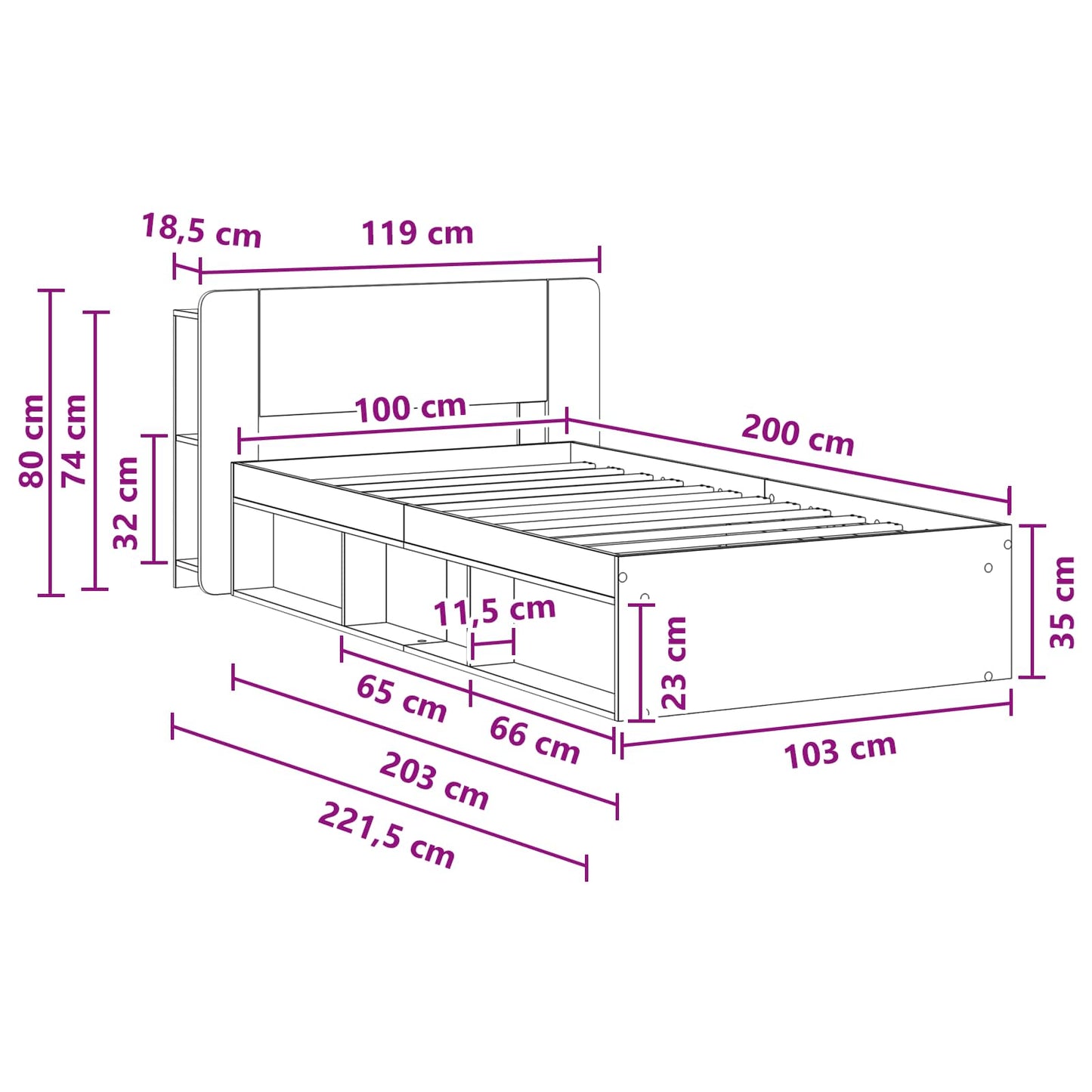 Ágykeret tárolóval fejtámlával Antik Fa 100 x 200 cm Szerelt Fa