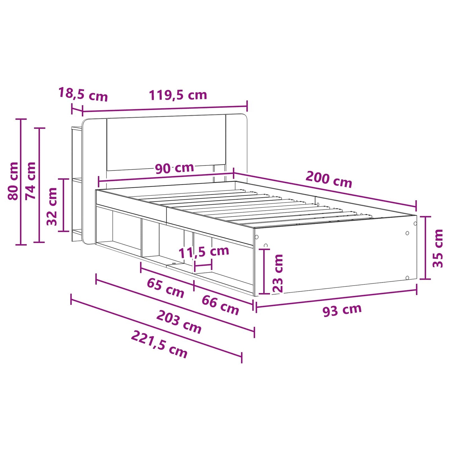Ágykeret tárolóval Füstös Tölgy 90 x 200 cm Szerelt Fa