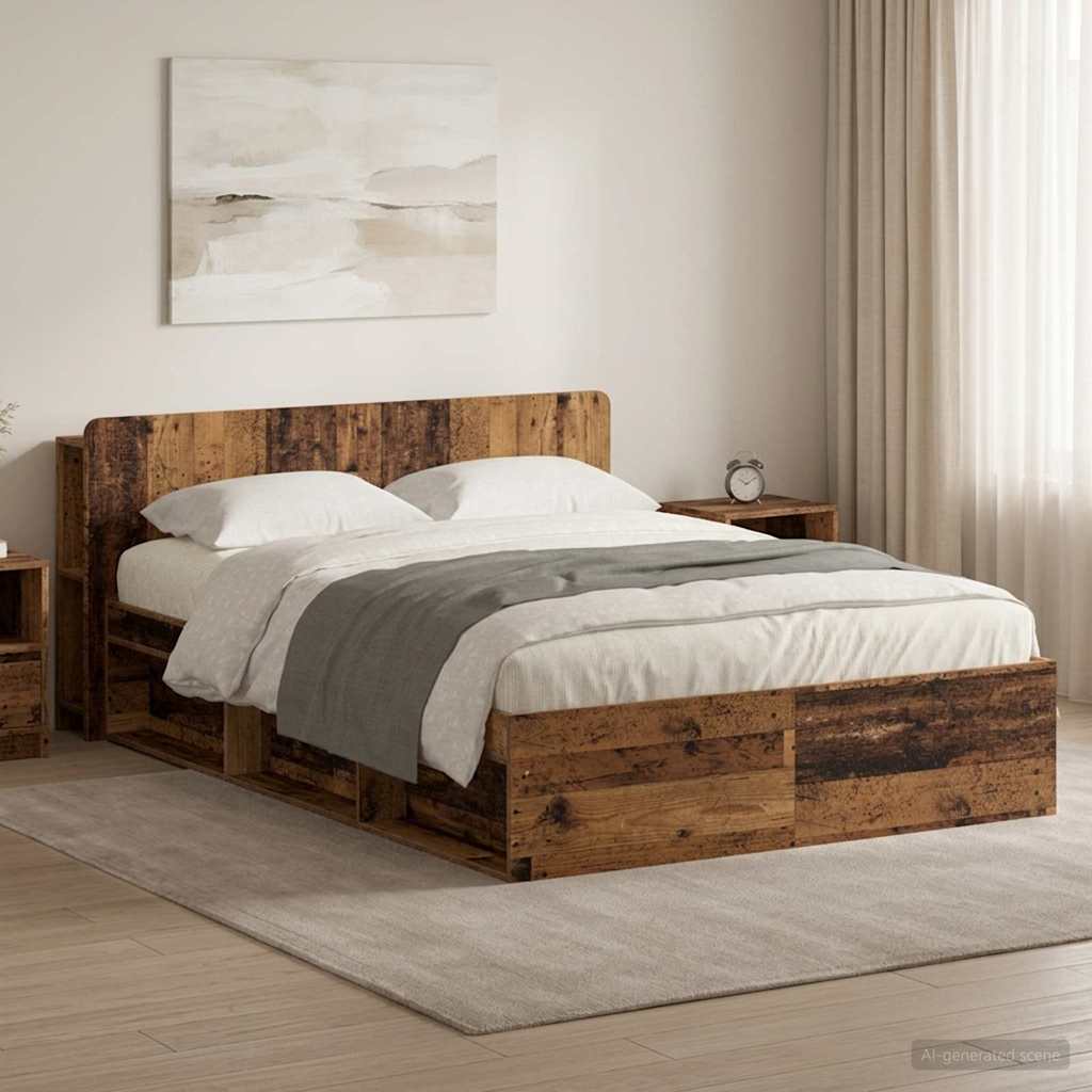 Ágykeret tárolóval fejtámlával Antik Fa 135 x 190 cm Szerelt Fa