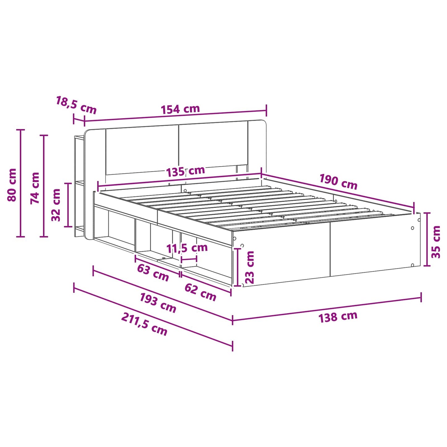 Ágykeret tárolóval fejtámlával Antik Fa 135 x 190 cm Szerelt Fa