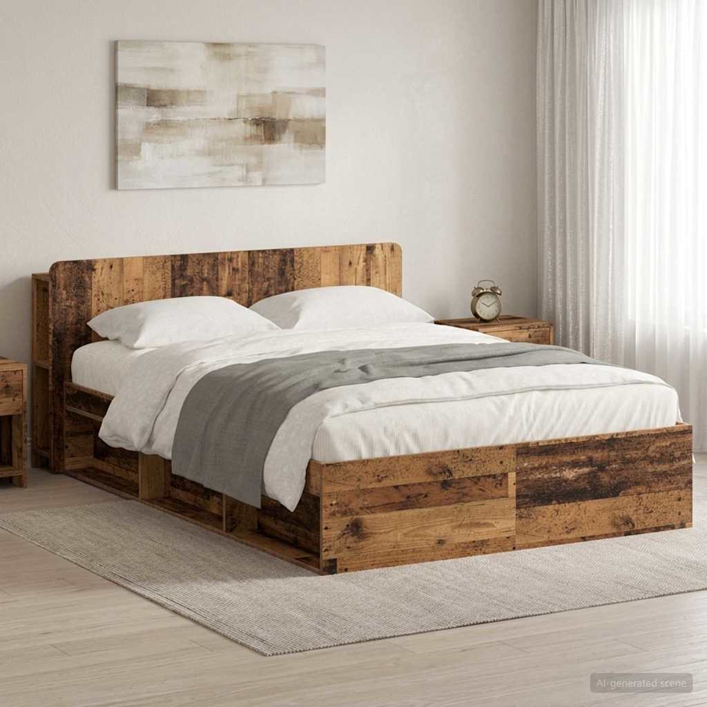 Ágykeret tárolóval fejtámlával Antik Fa 140 x 190 cm Szerelt Fa
