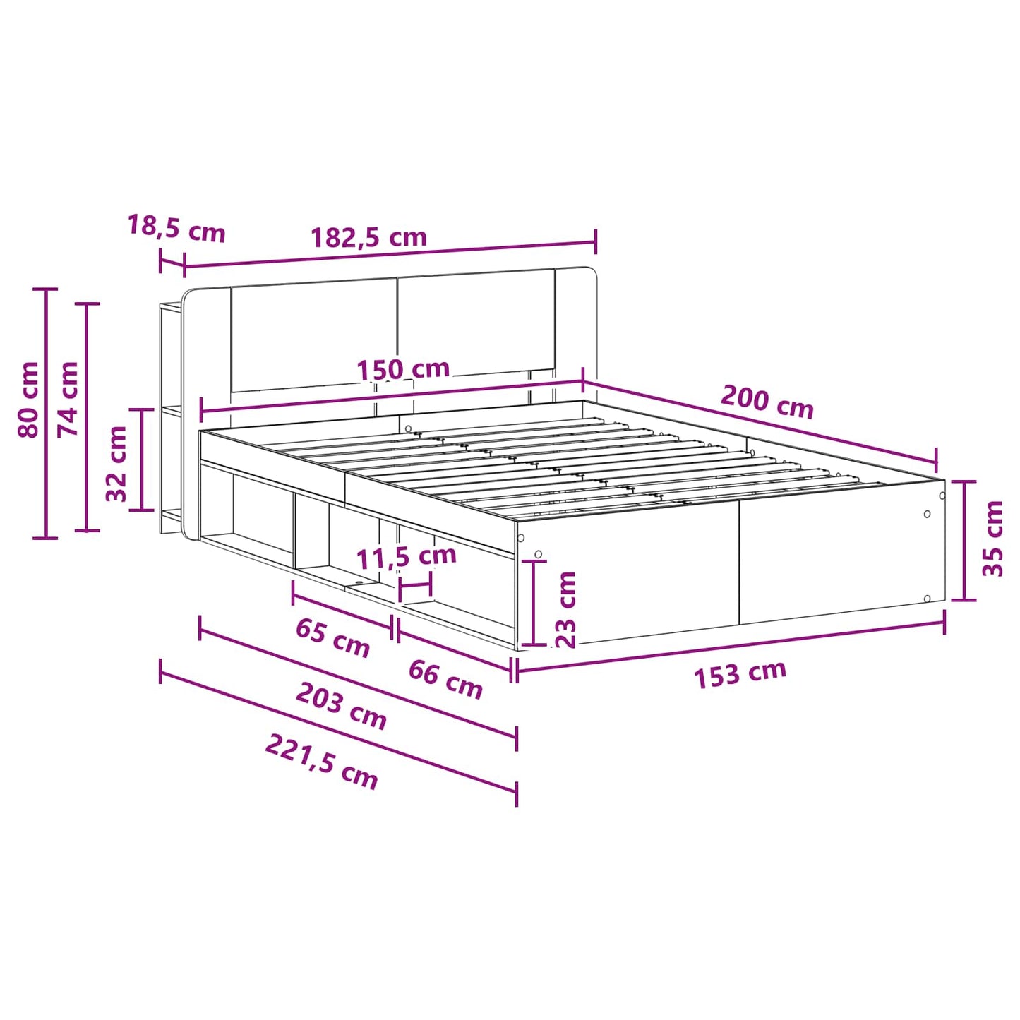 Ágykeret tárolóval fejtámlával Antik Fa 150 x 200 cm Szerelt Fa