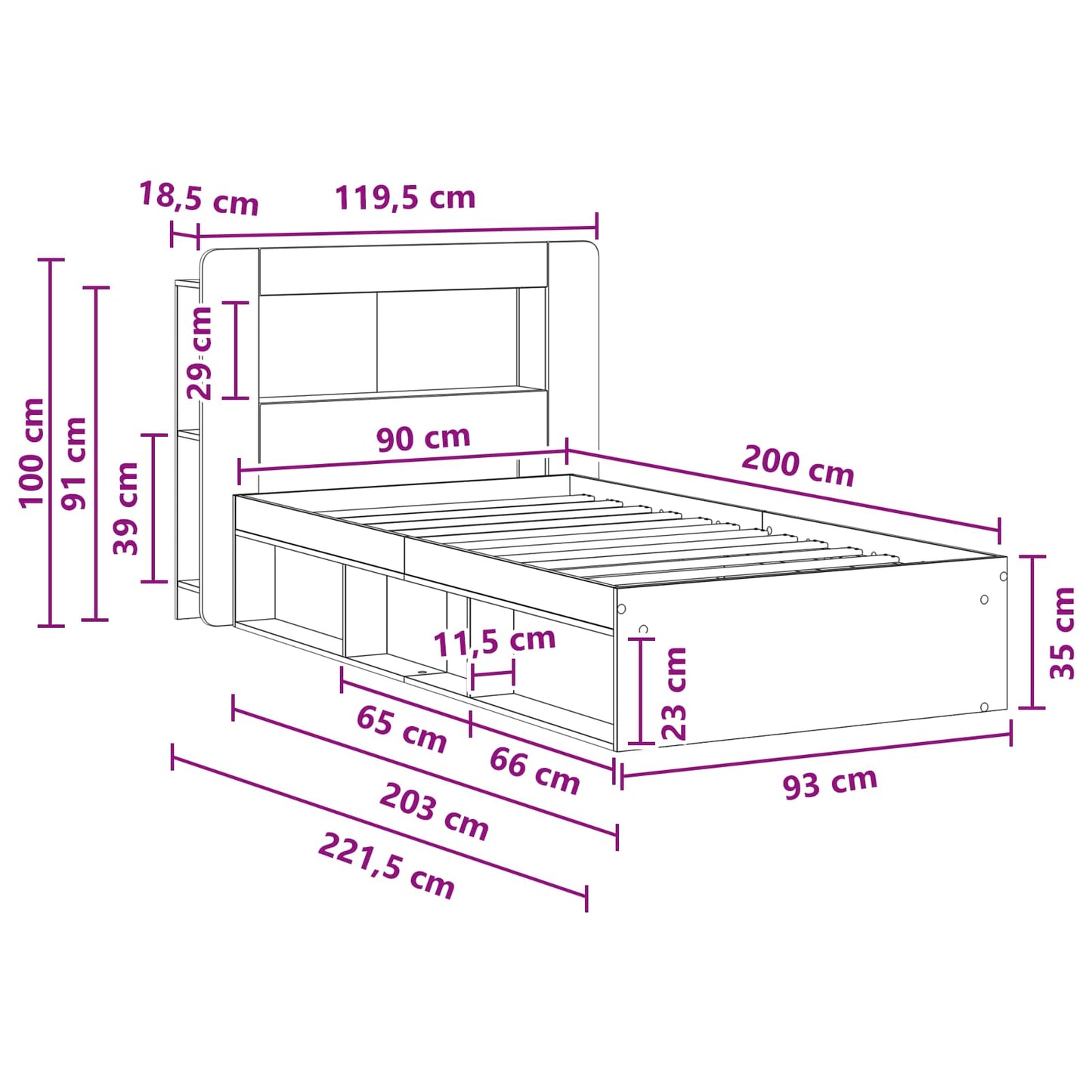 Ágykeret tárolóval fejtámlával Antik Fa 90 x 200 cm Szerelt Fa