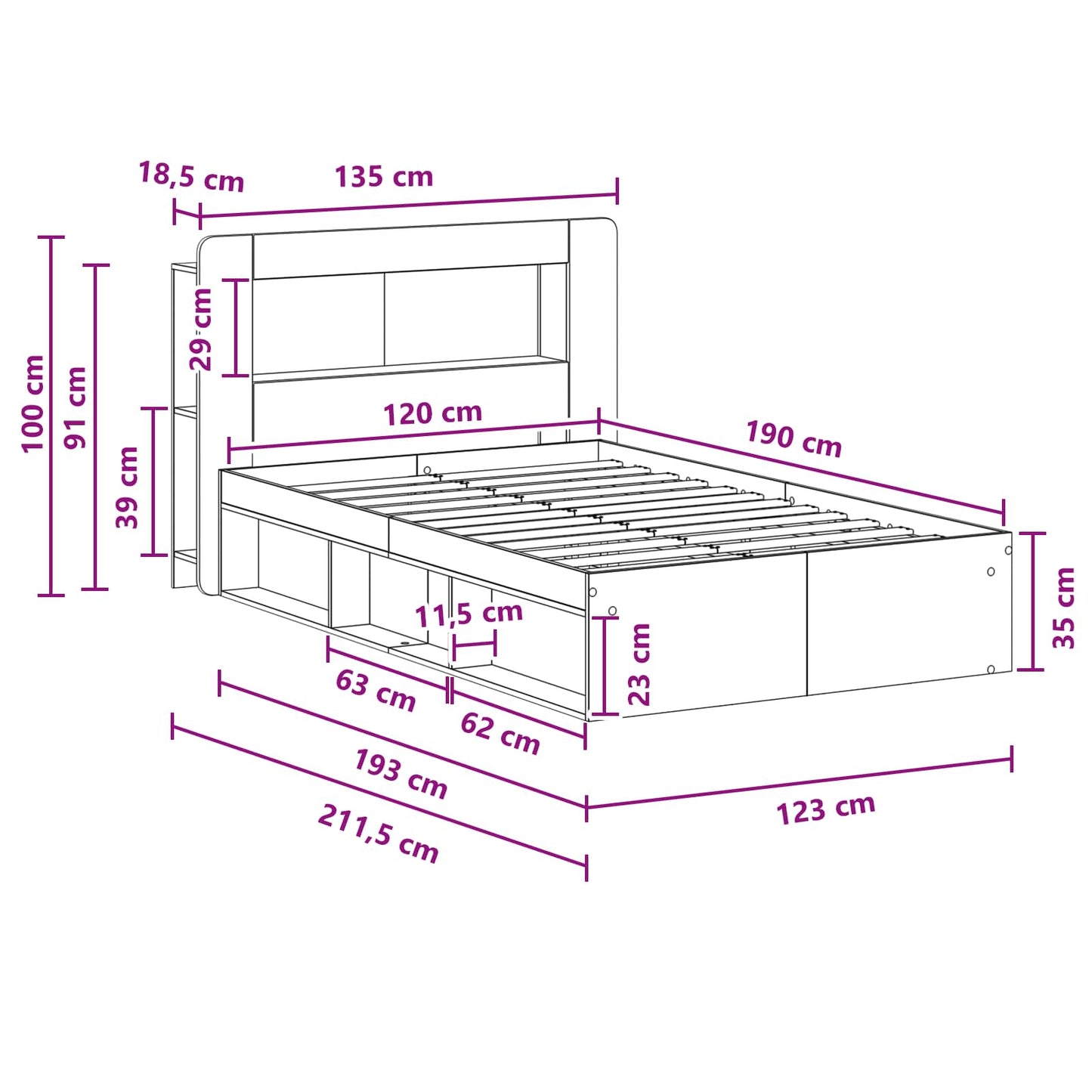 Ágykeret tárolóval fejtámlával Antik Fa 120 x 190 cm Szerelt Fa