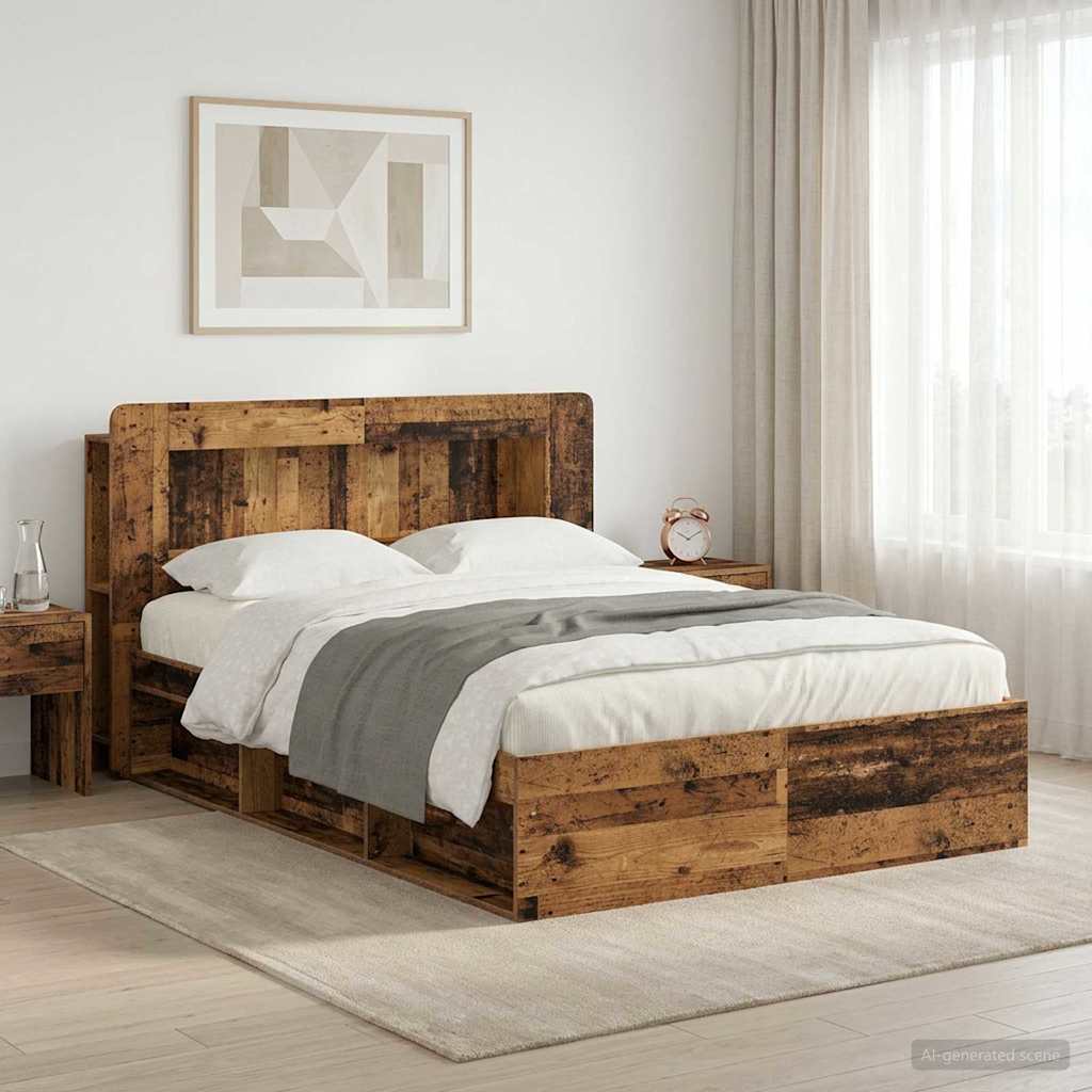Ágykeret tárolóval fejtámlával Antik Fa 135 x 190 cm Szerelt Fa