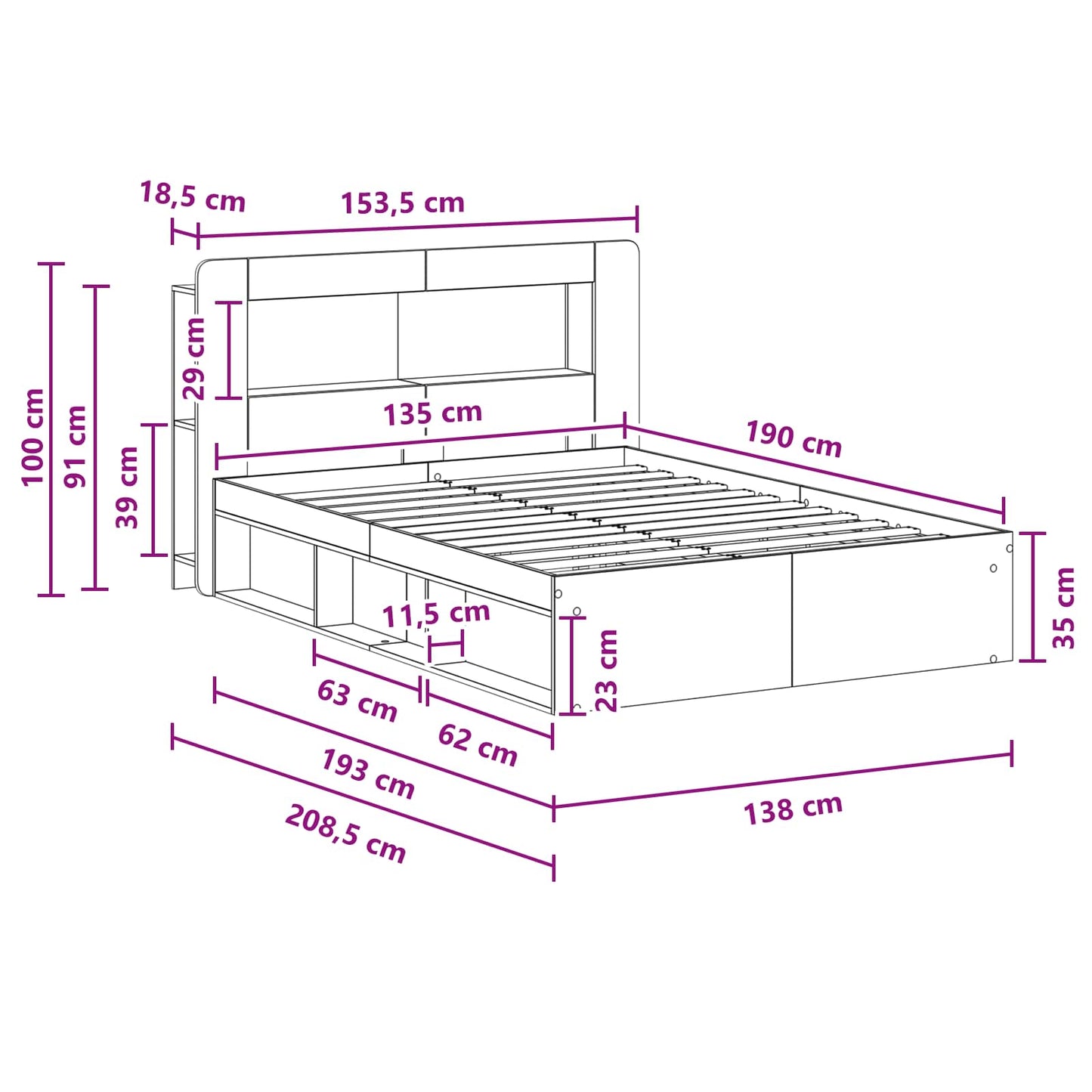 Ágykeret tárolóval fejtámlával Antik Fa 135 x 190 cm Szerelt Fa