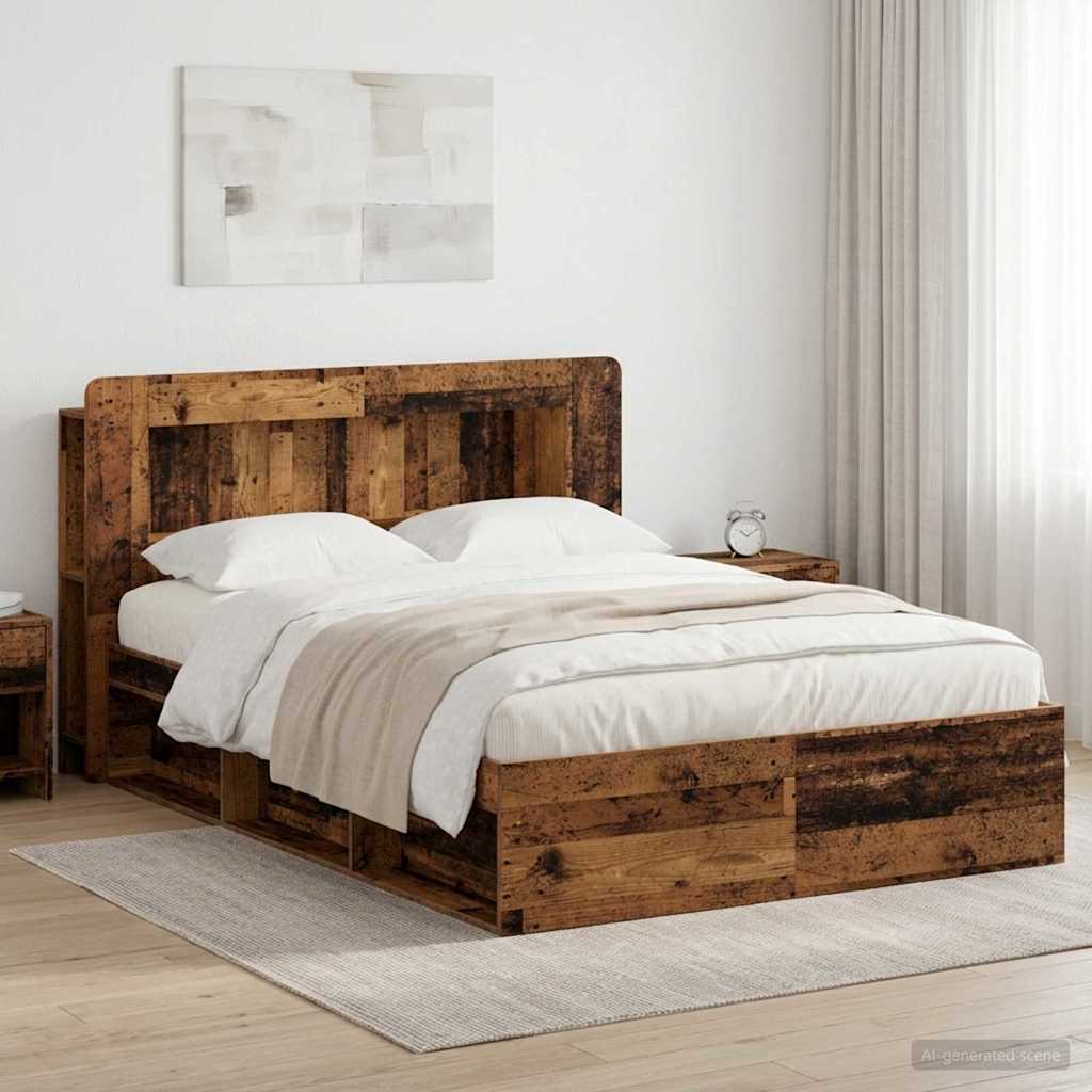 Ágykeret tárolóval fejtámlával Antik Fa 140 x 190 cm Szerelt Fa